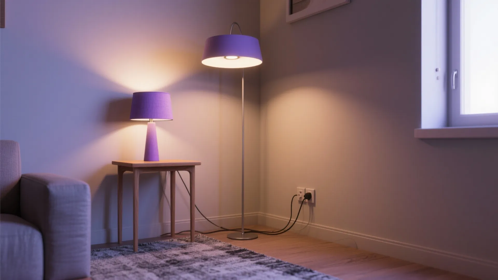 Living room corner featuring a wooden side table with purple lamps and a patterned rug