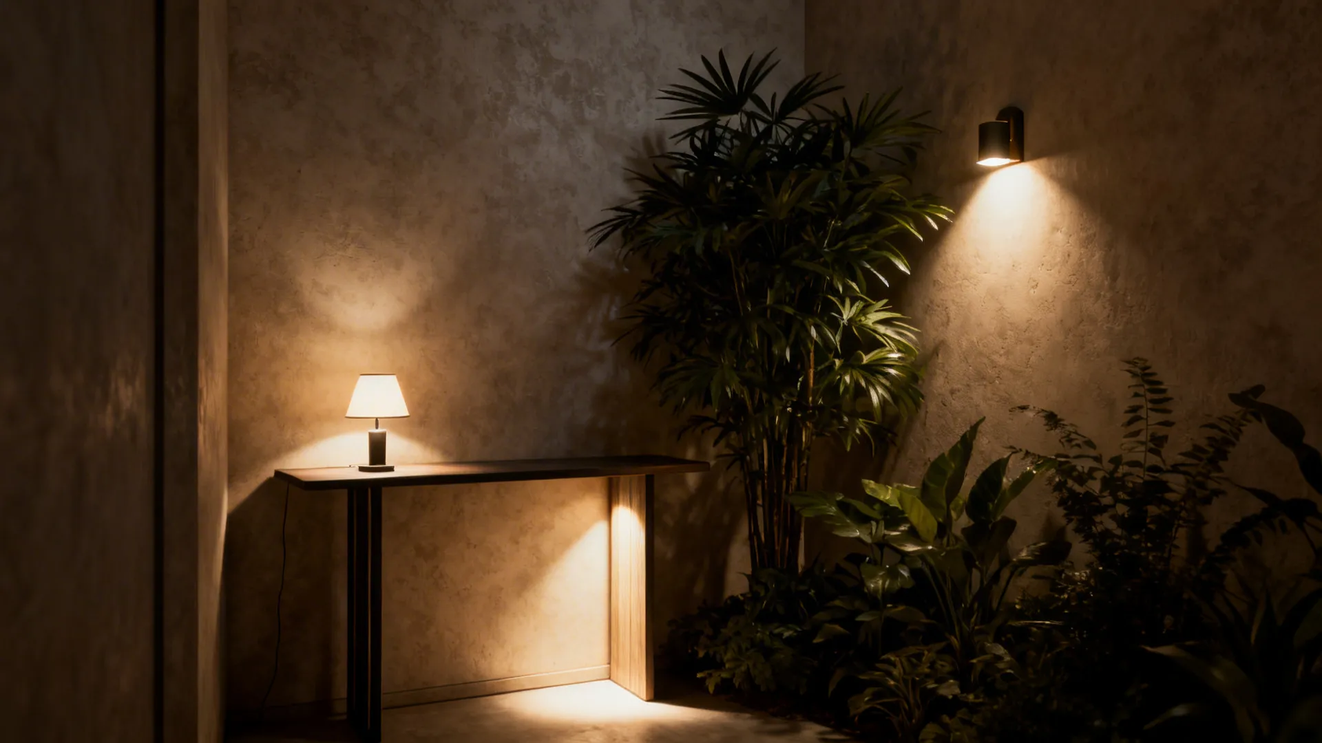 Accent corner with layered lighting and a tall plant creating dramatic vignette