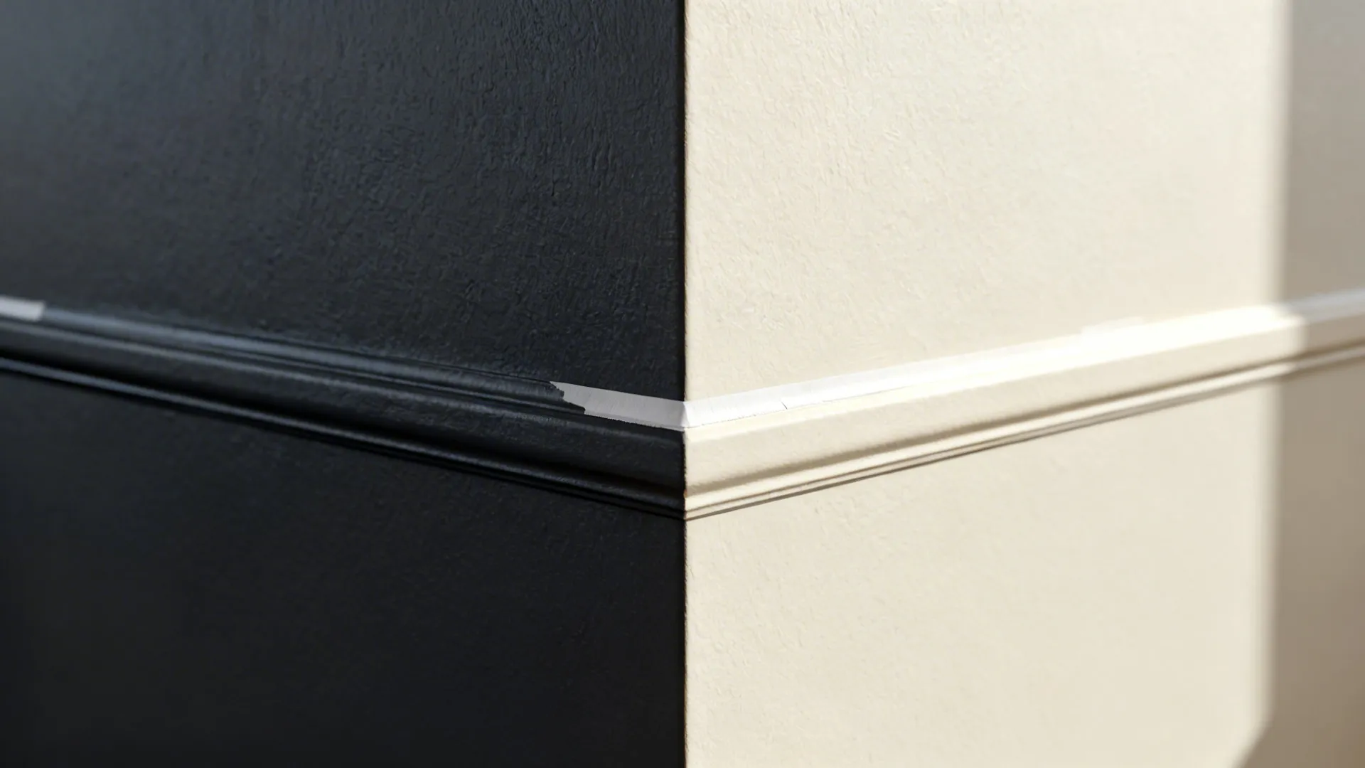 Macro of a crisp corner where deep charcoal meets soft ivory paint.