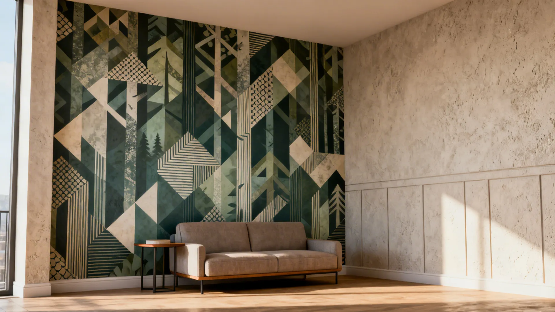 Accent corner in a small flat with a geometric forest mural decal and compact seating.