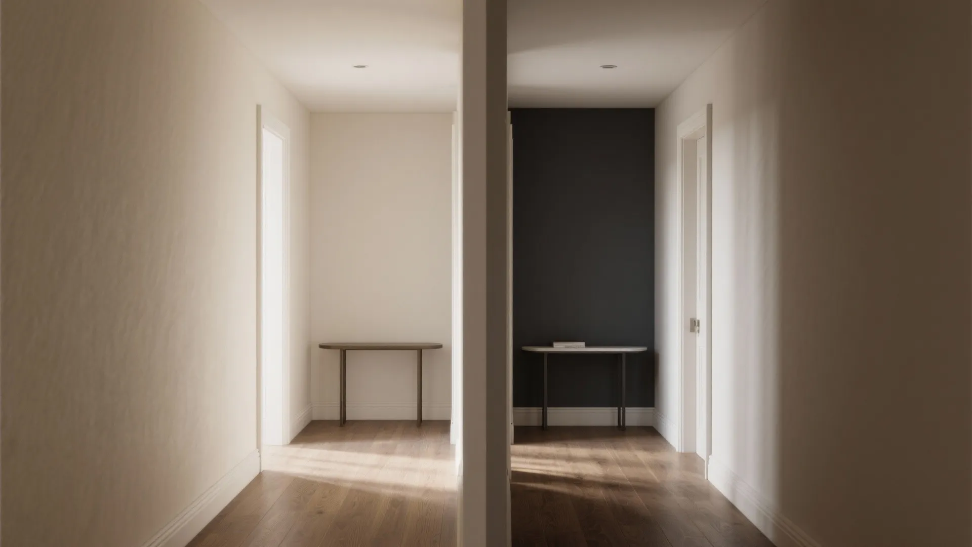 Split before-and-after corridor: uniform Magnolia cream vs. cream with one deep accent wall.