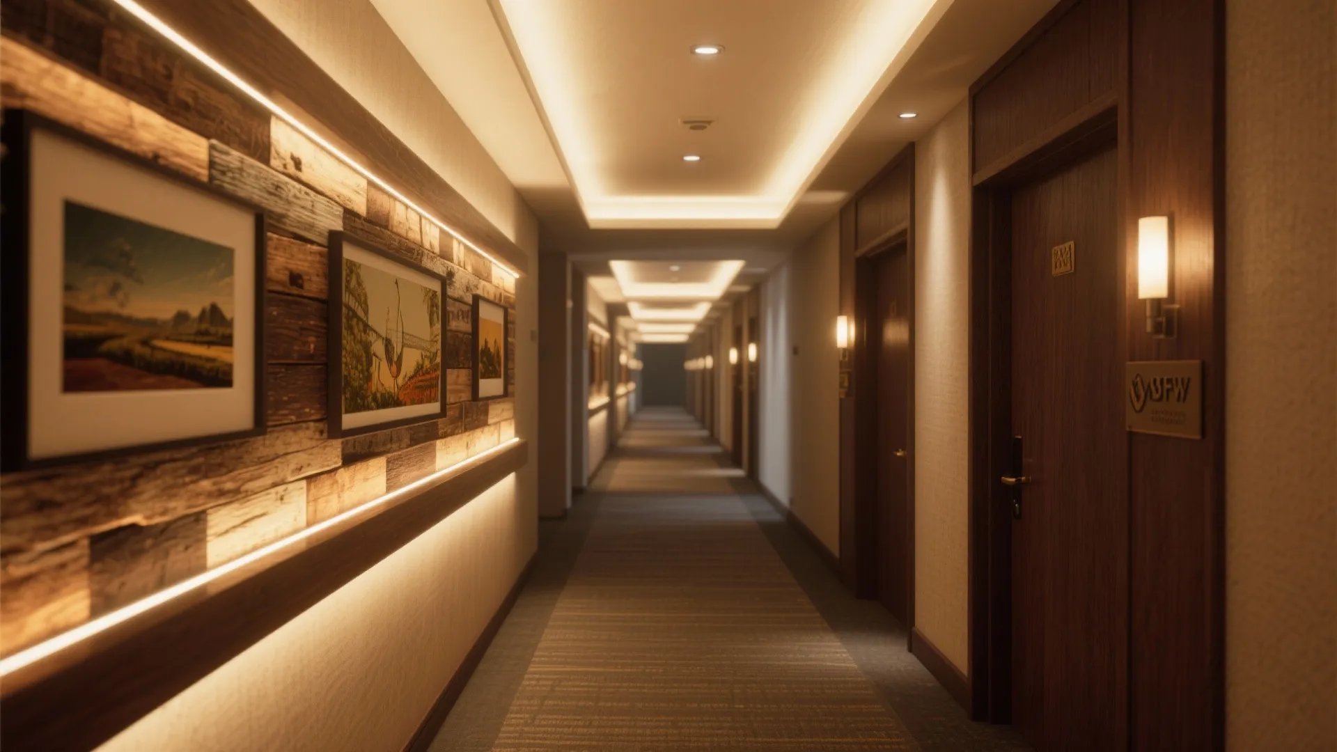 Hotel corridor using warm uplights and picture rail lighting to showcase reclaimed-wood feature wall and local art.