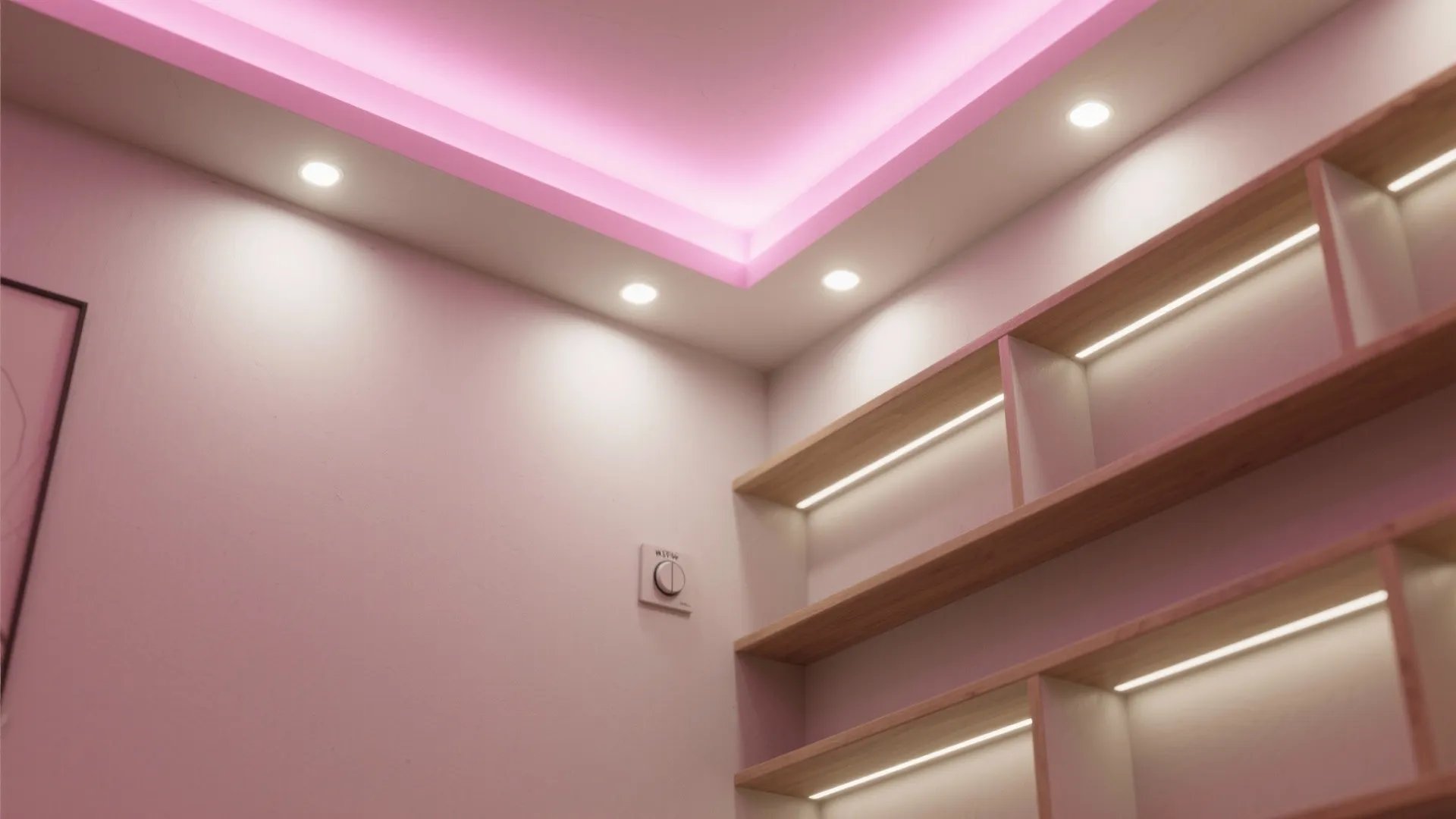Recessed ceiling cove with dimmable pink LED strip paired with warm-white uplights to visually raise the ceiling