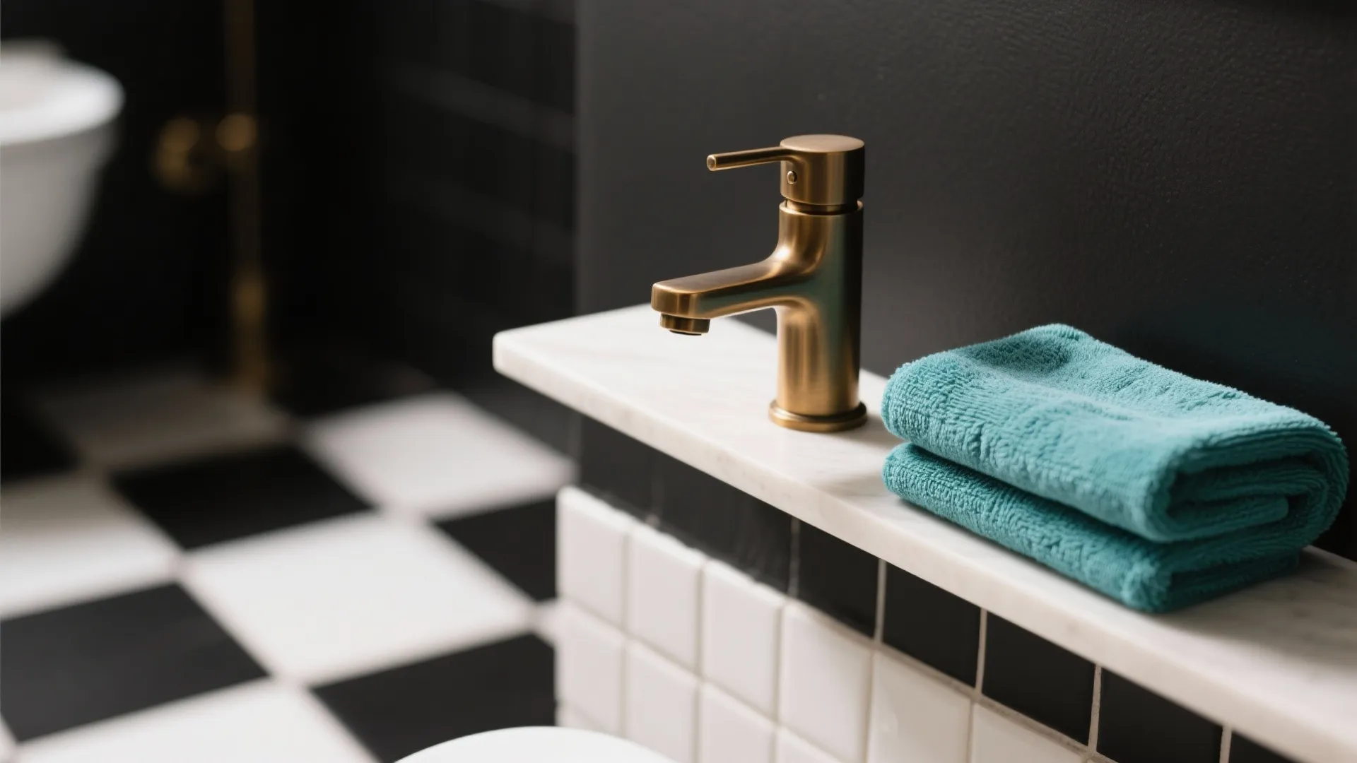 Close-up of a matte brass faucet and a teal towel against black-and-white checkered tile.