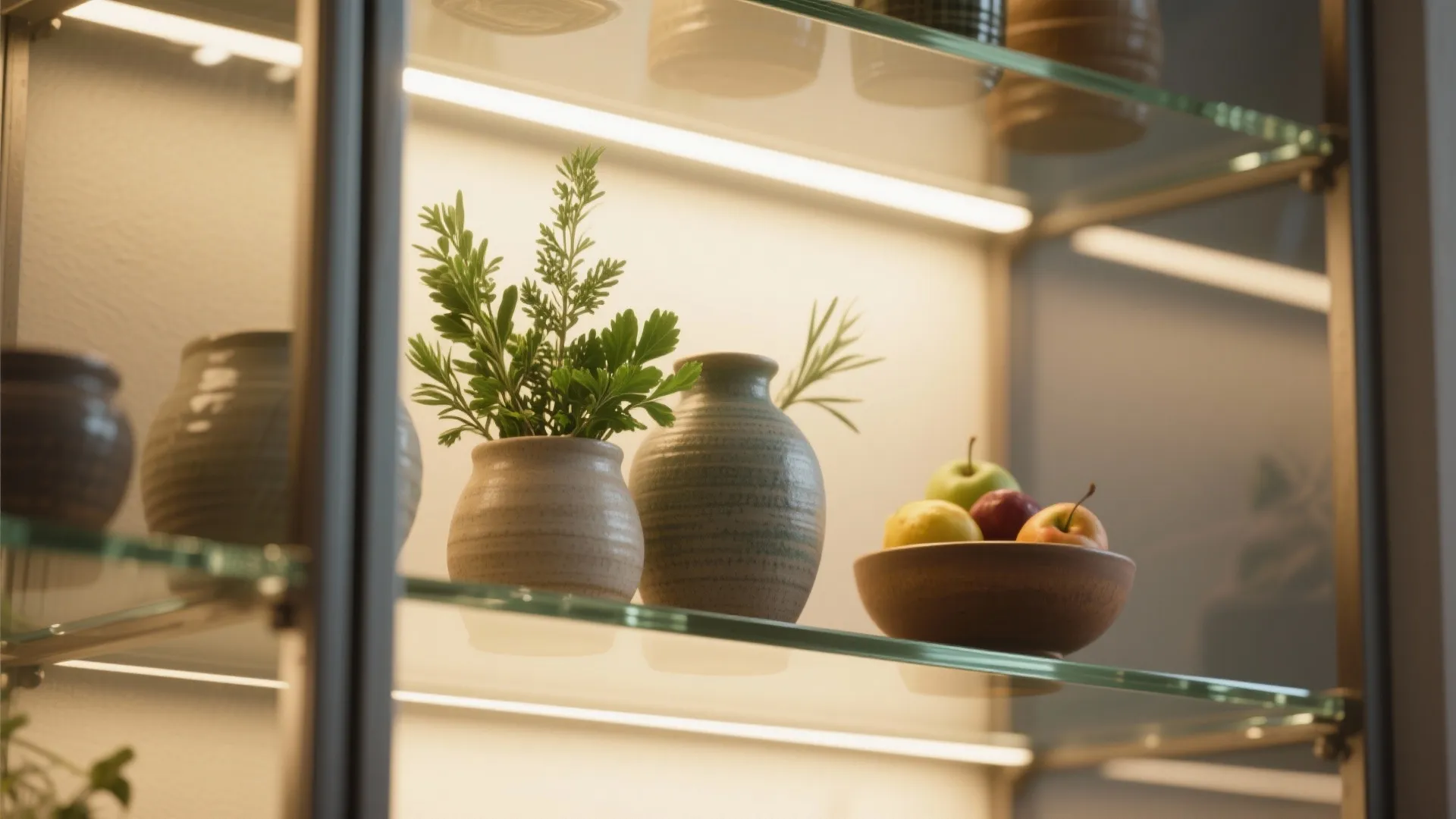 Glass cabinet shelf with warm light strips holding green plants small vases and bowl of apples