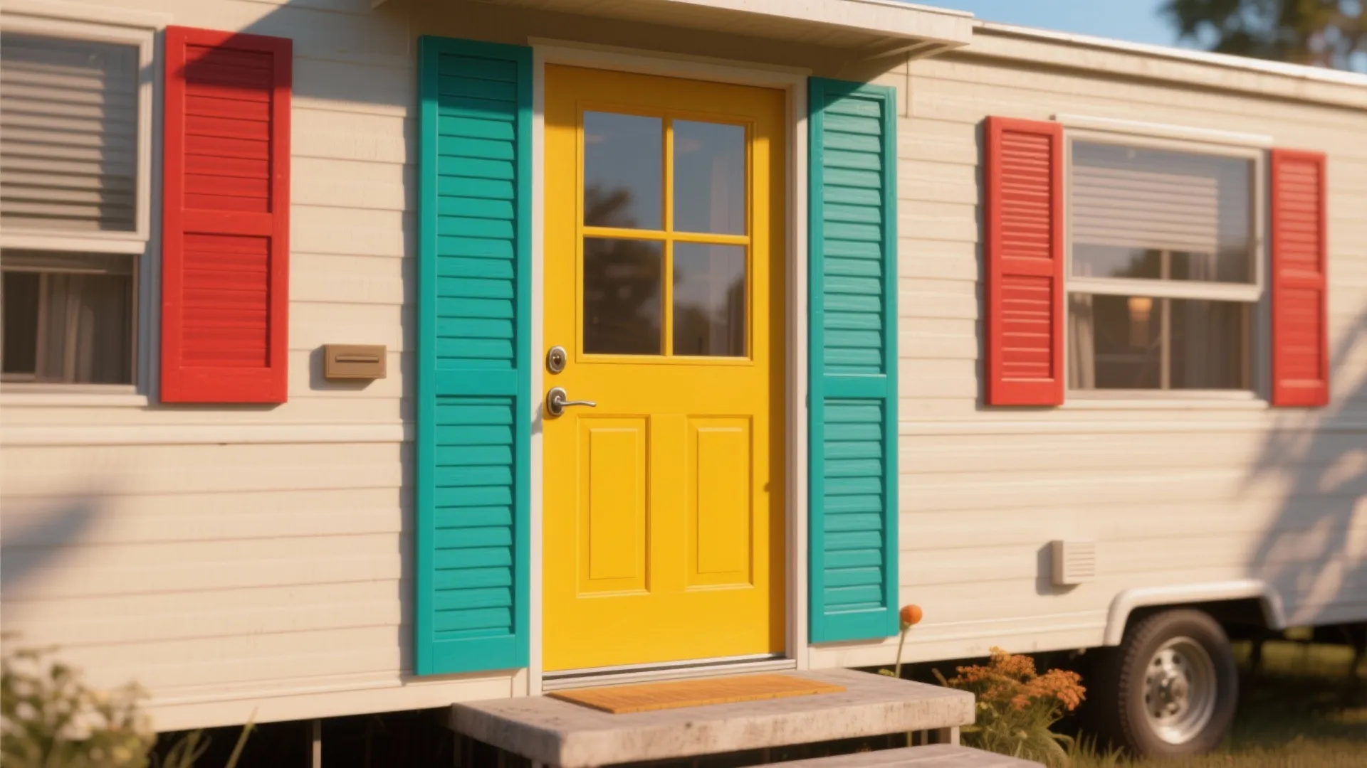 Mobile home exterior featuring bright yellow front door with teal shutters and red window shutters