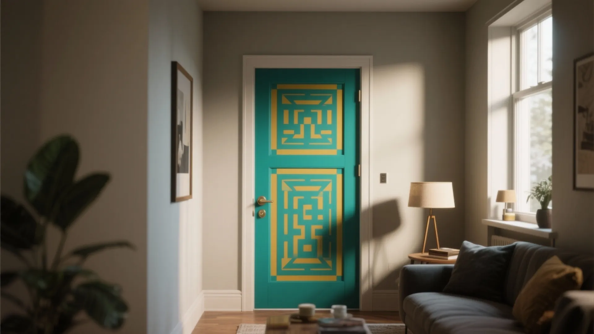 A small living room featuring a bold colored accent door with a geometric stencil pattern.