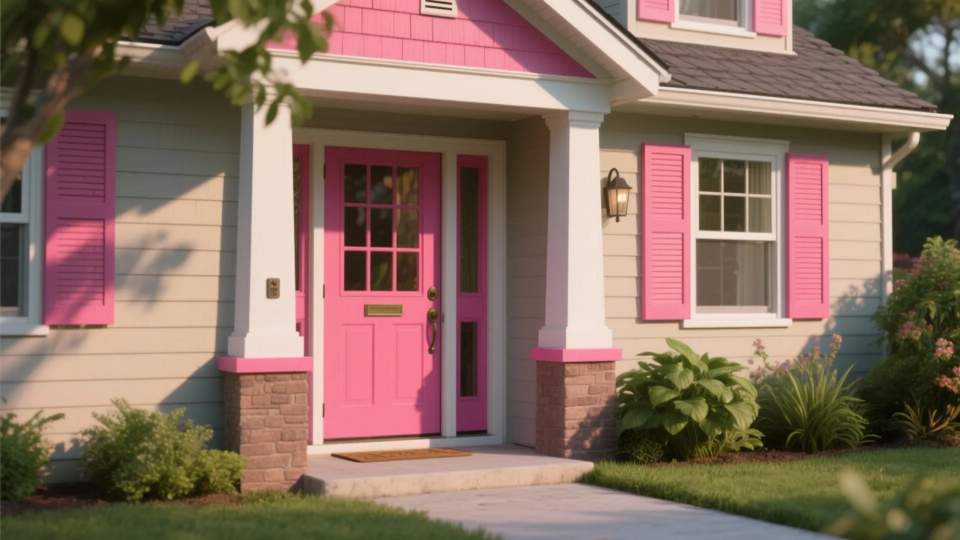 Front door and shutters painted a bold accent color against neutral siding with landscaping.