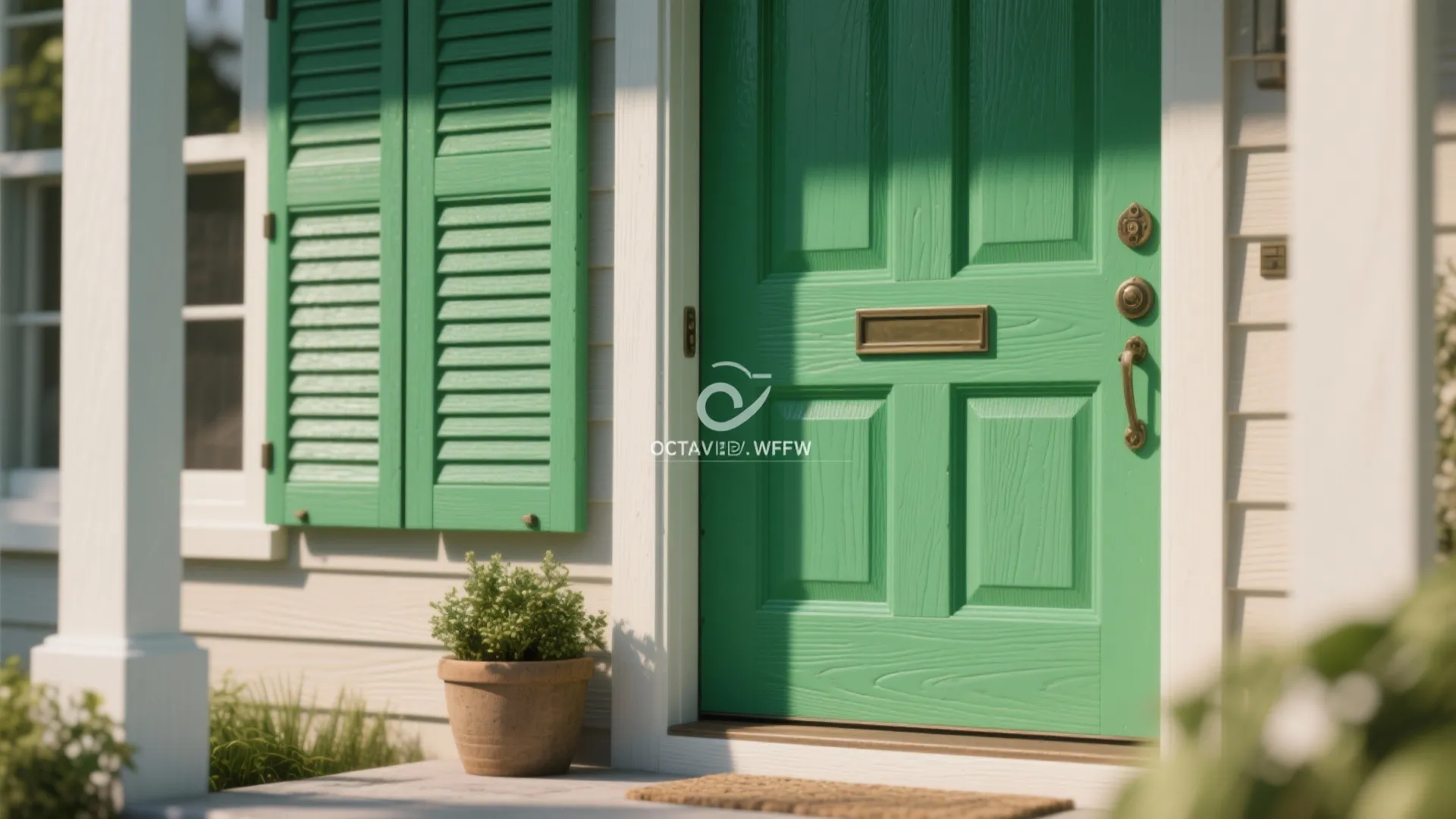 Close up of a bright green front door with golden handle and matching green shutters