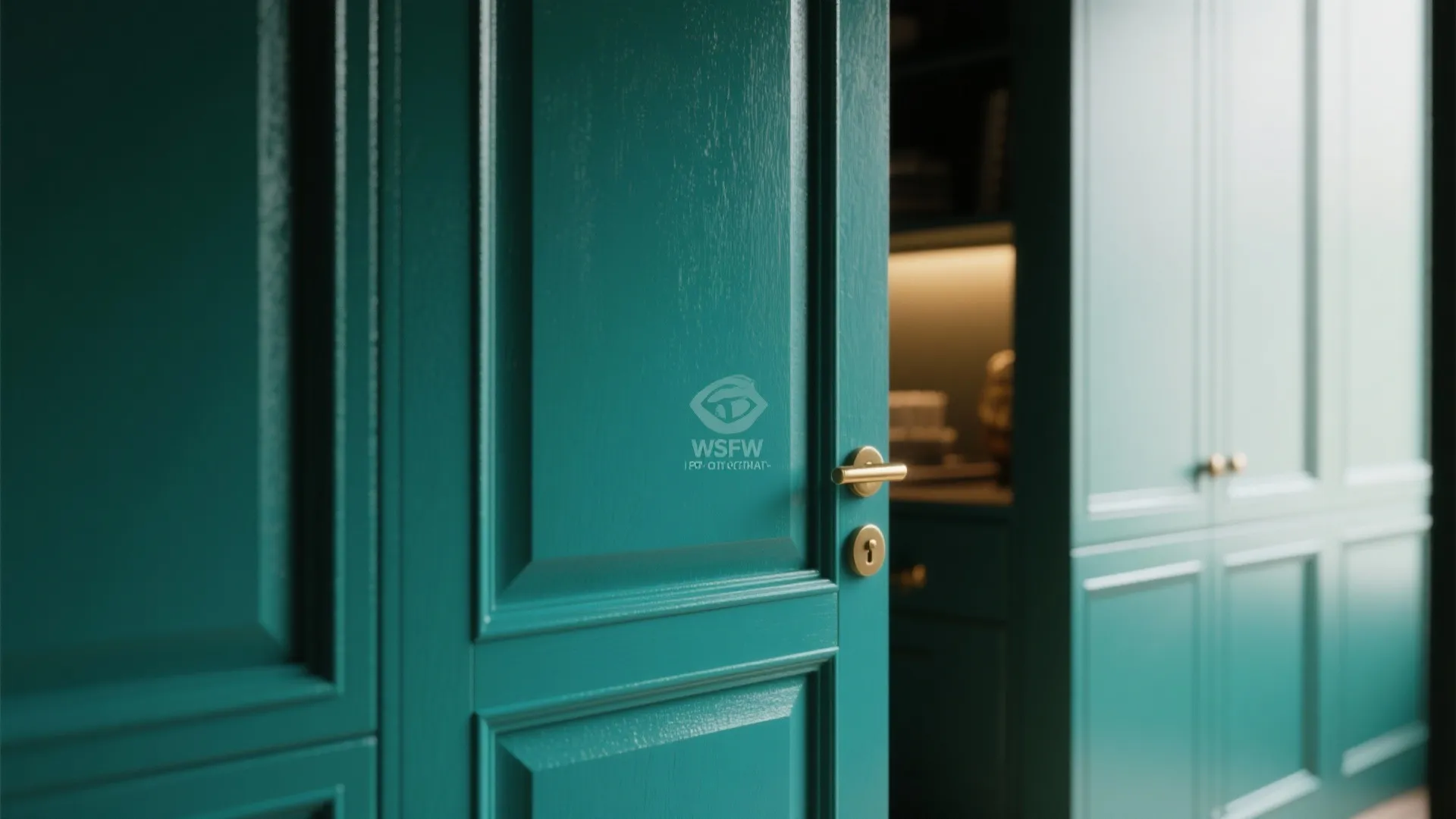 Teal green wooden door with gold handle and wall panel design in modern bedroom interior