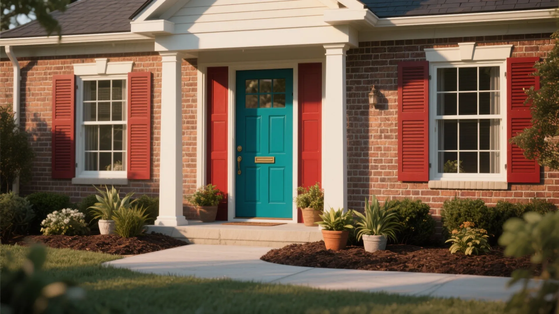 Brick house exterior with bright blue front door red window shutters white columns and plants