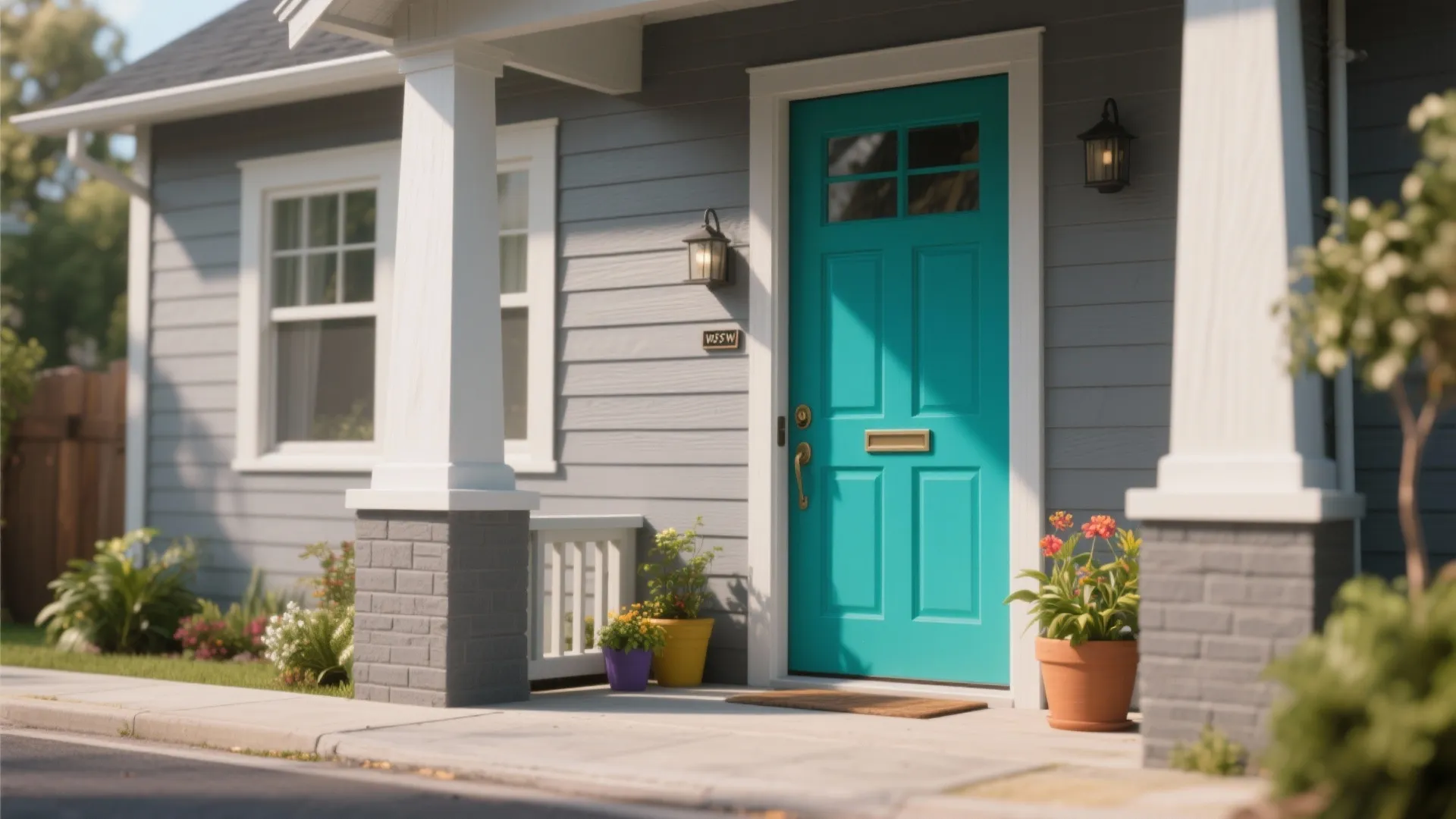 Bright blue front door on grey house with white porch columns and colorful potted flowers