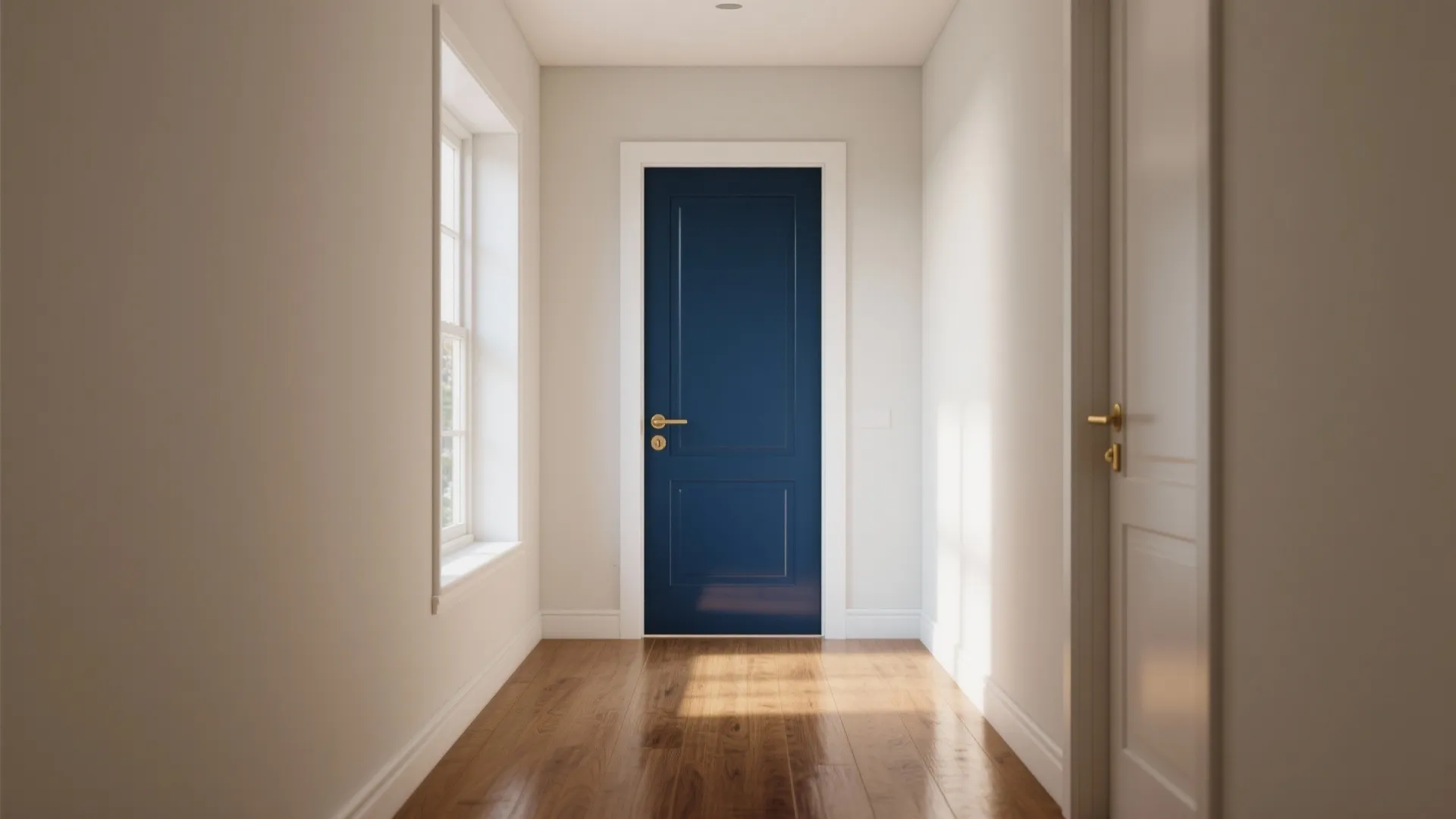 Narrow hallway with white walls wooden floor and a dark blue door at the end