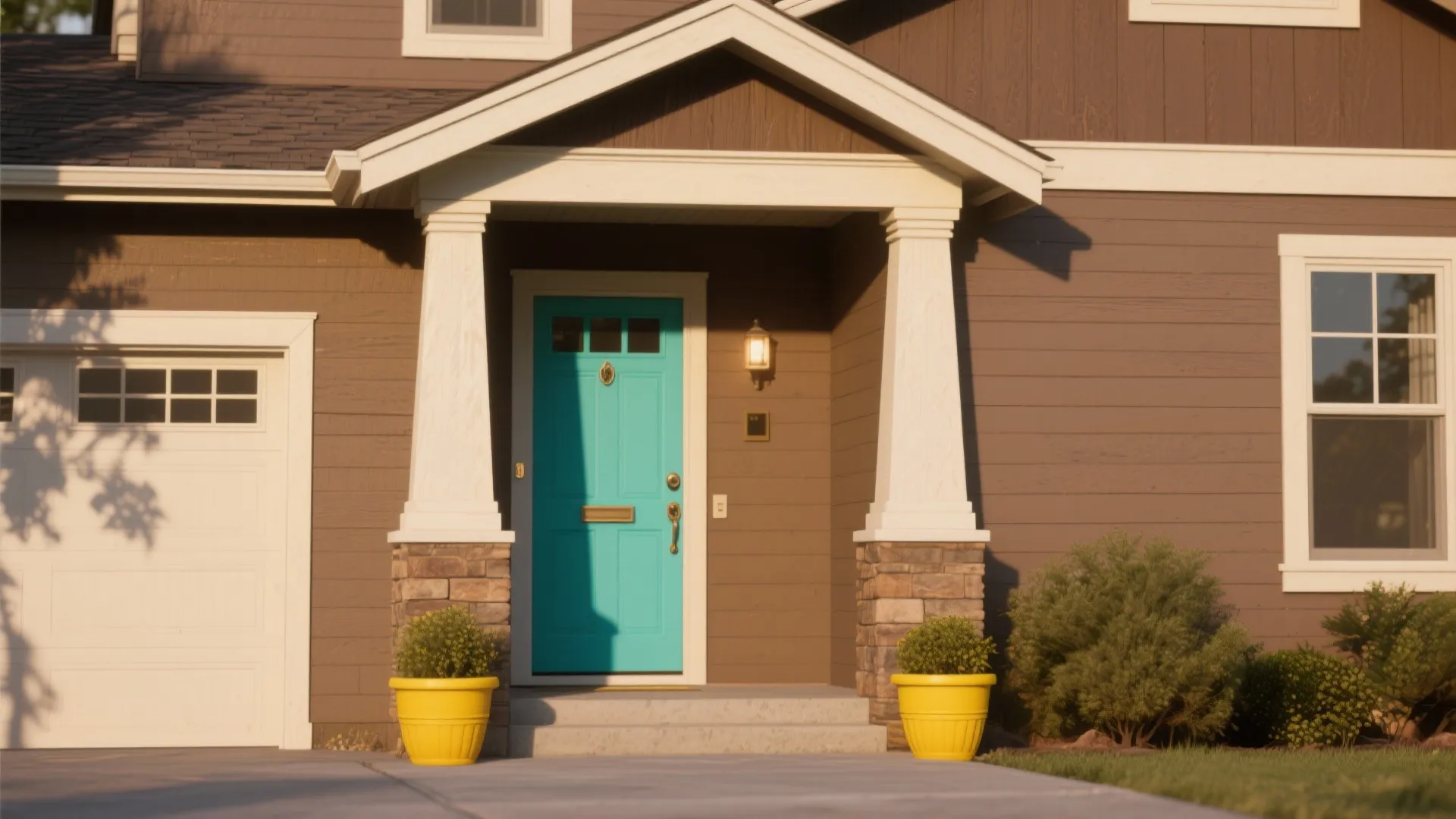Brown house exterior with bright blue front door white pillars yellow flower pots and garage door