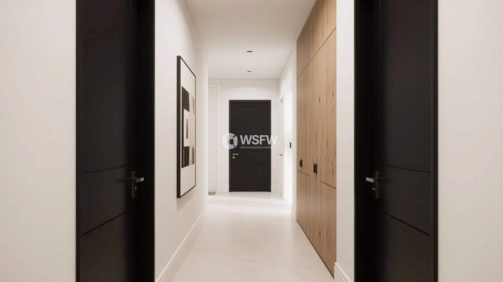 Modern white hallway design featuring black doors and a large wooden cabinet for home storage