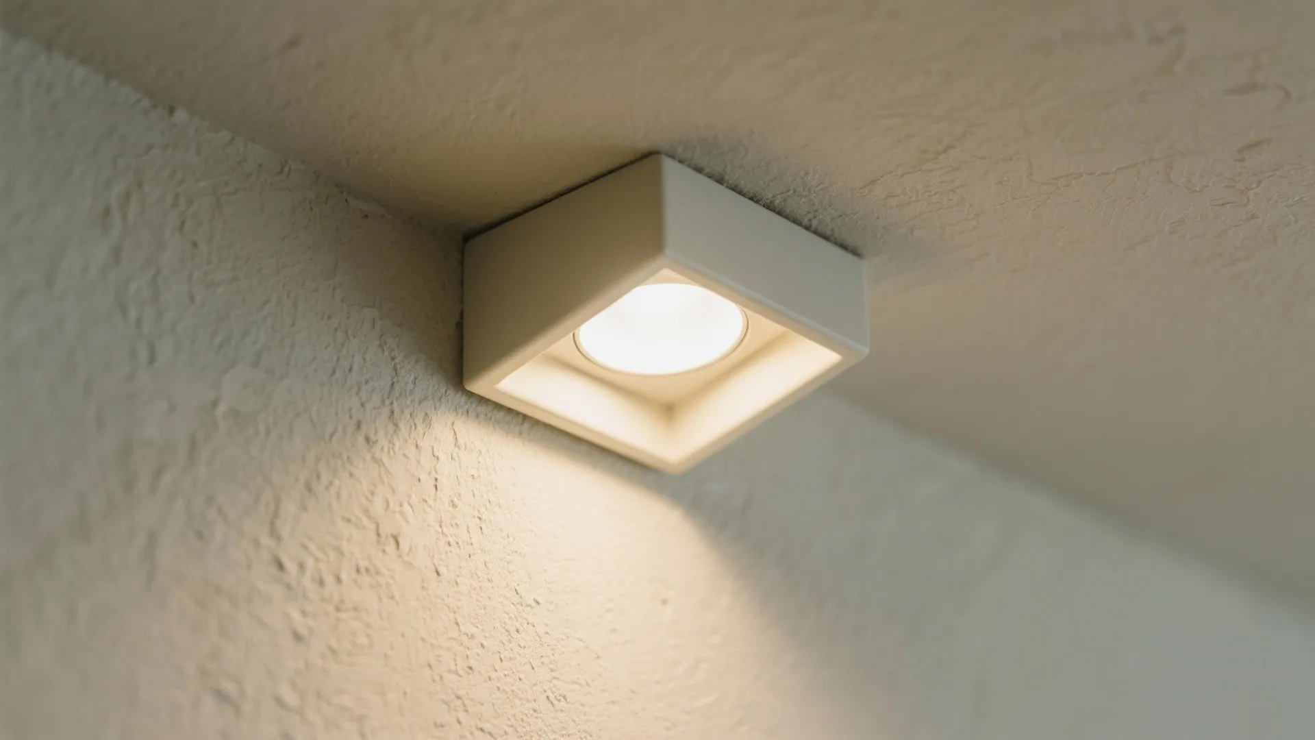 Macro of an angled recessed LED downlight creating a smooth wall wash on limewash texture.