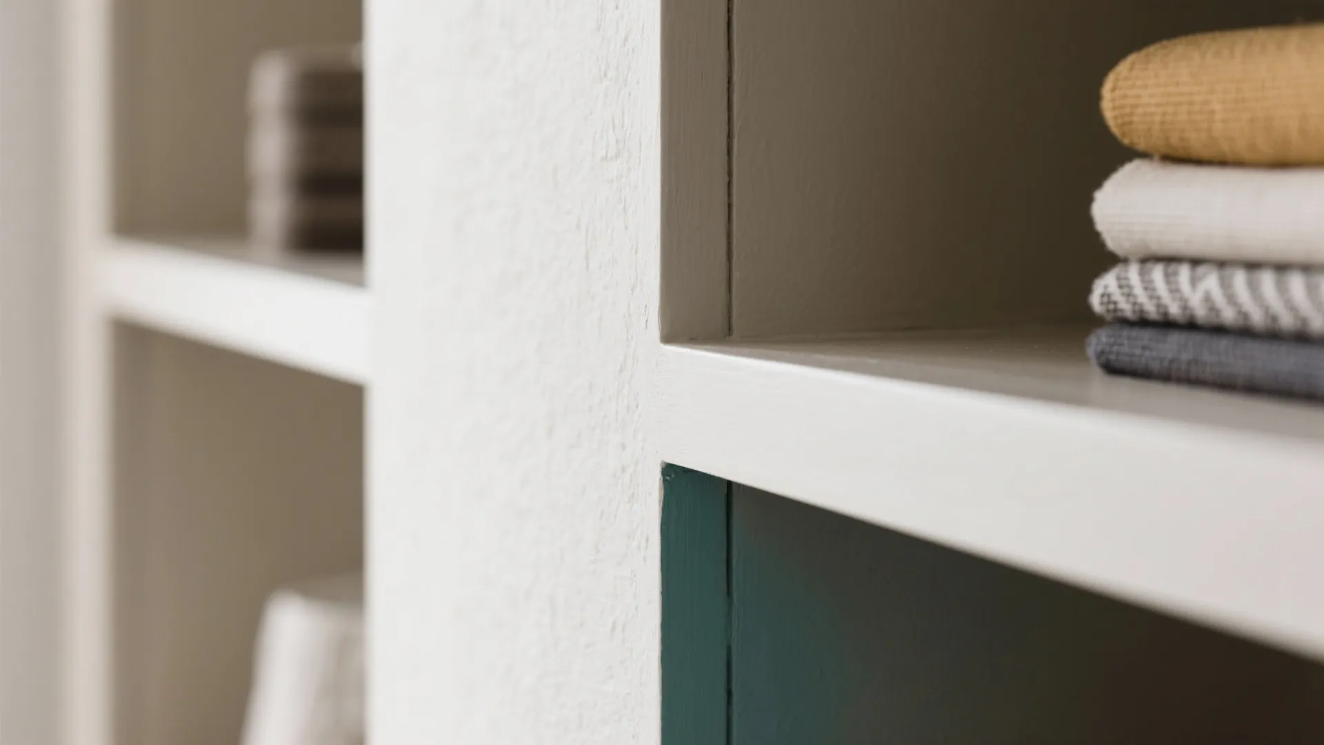 Close up of white wall shelf with green paint inside and folded towels on shelf