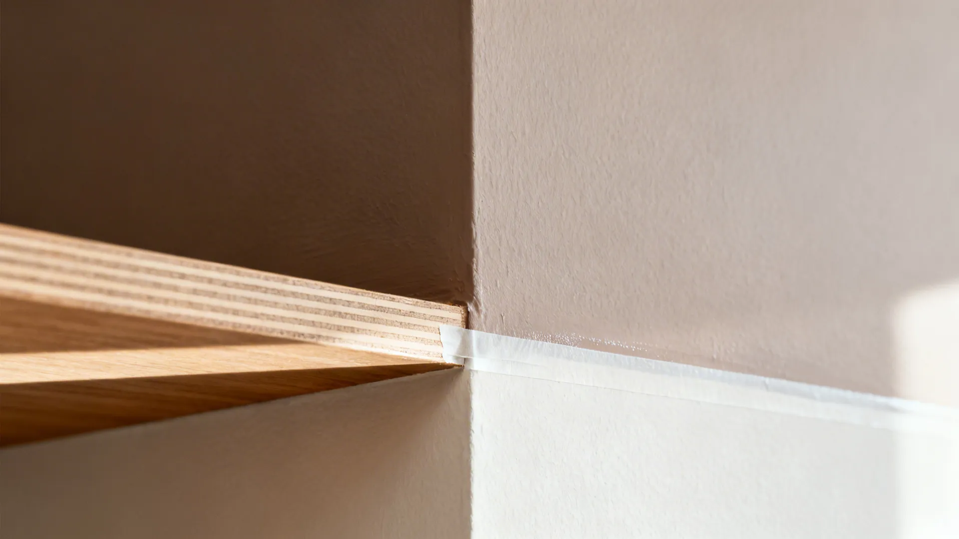 Macro of a crisp paint edge between a mid-tone accent panel and light wall near a wood shelf.