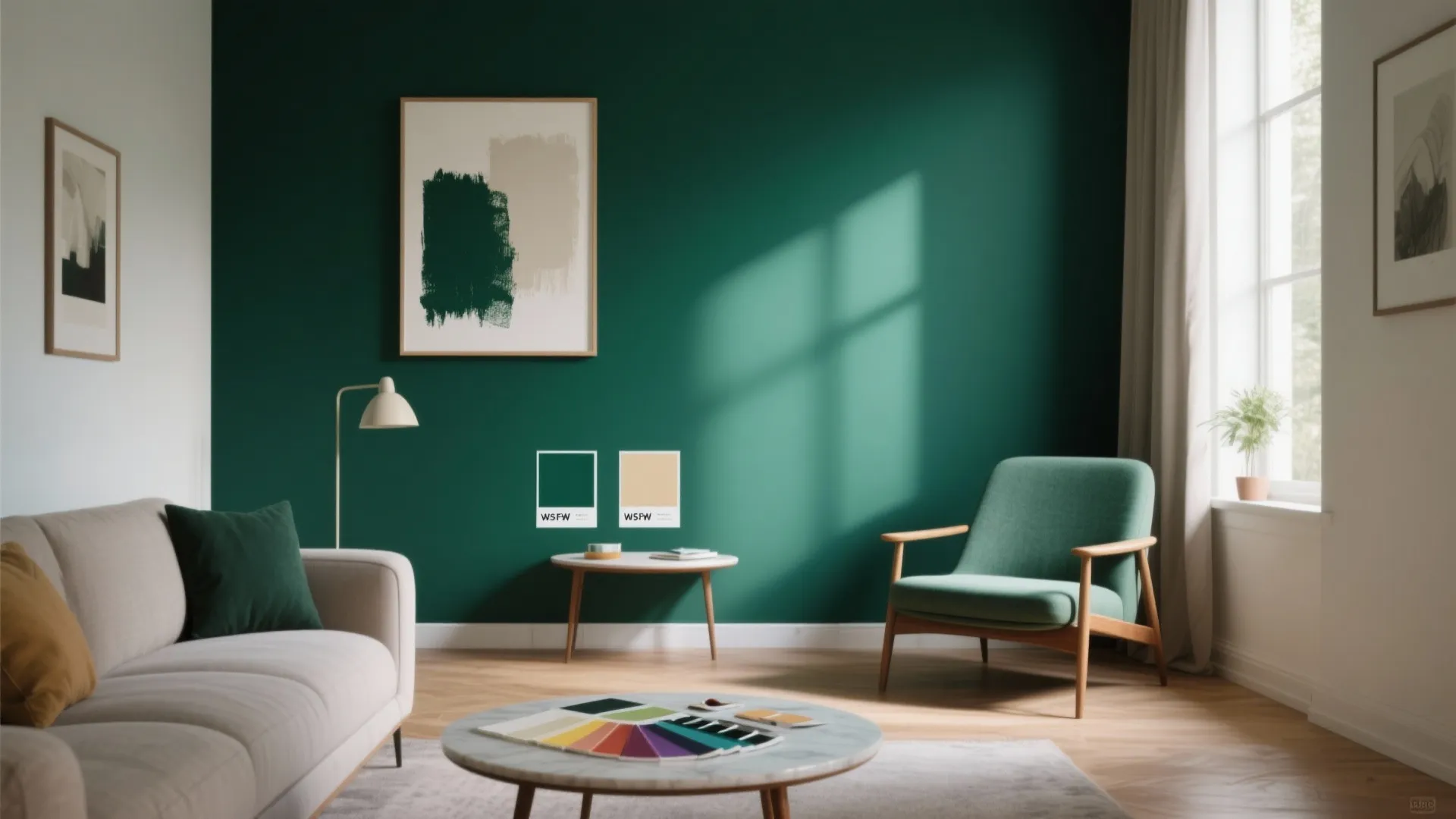 Modern living room with emerald green wall grey sofa armchair color swatches and wood floor