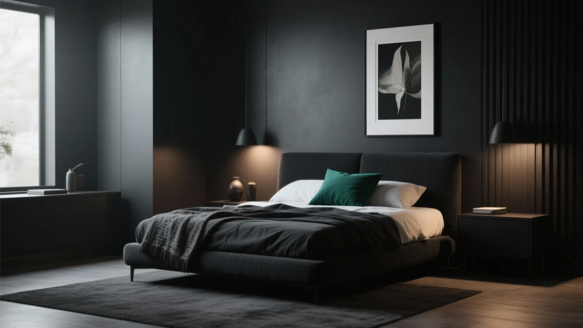 Black bedroom furniture accented with deep emerald pillow and framed art