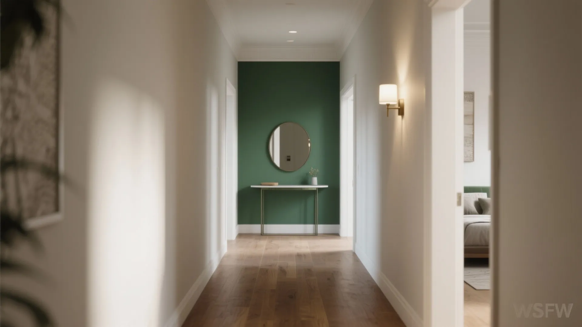 Hallway with dark green accent wall, round mirror, small table, wall light, and wooden floor