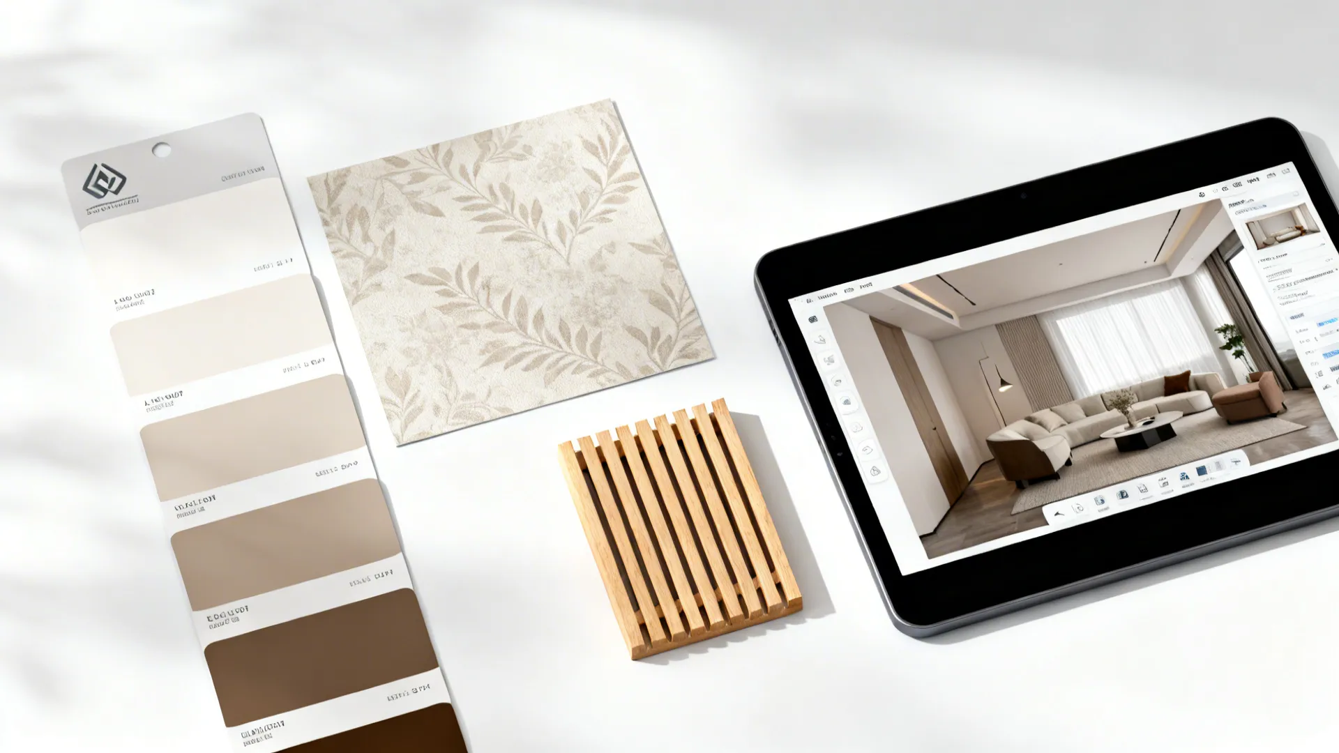 Flatlay of paint swatches, wallpaper sample, wood sample and a tablet with a room mockup