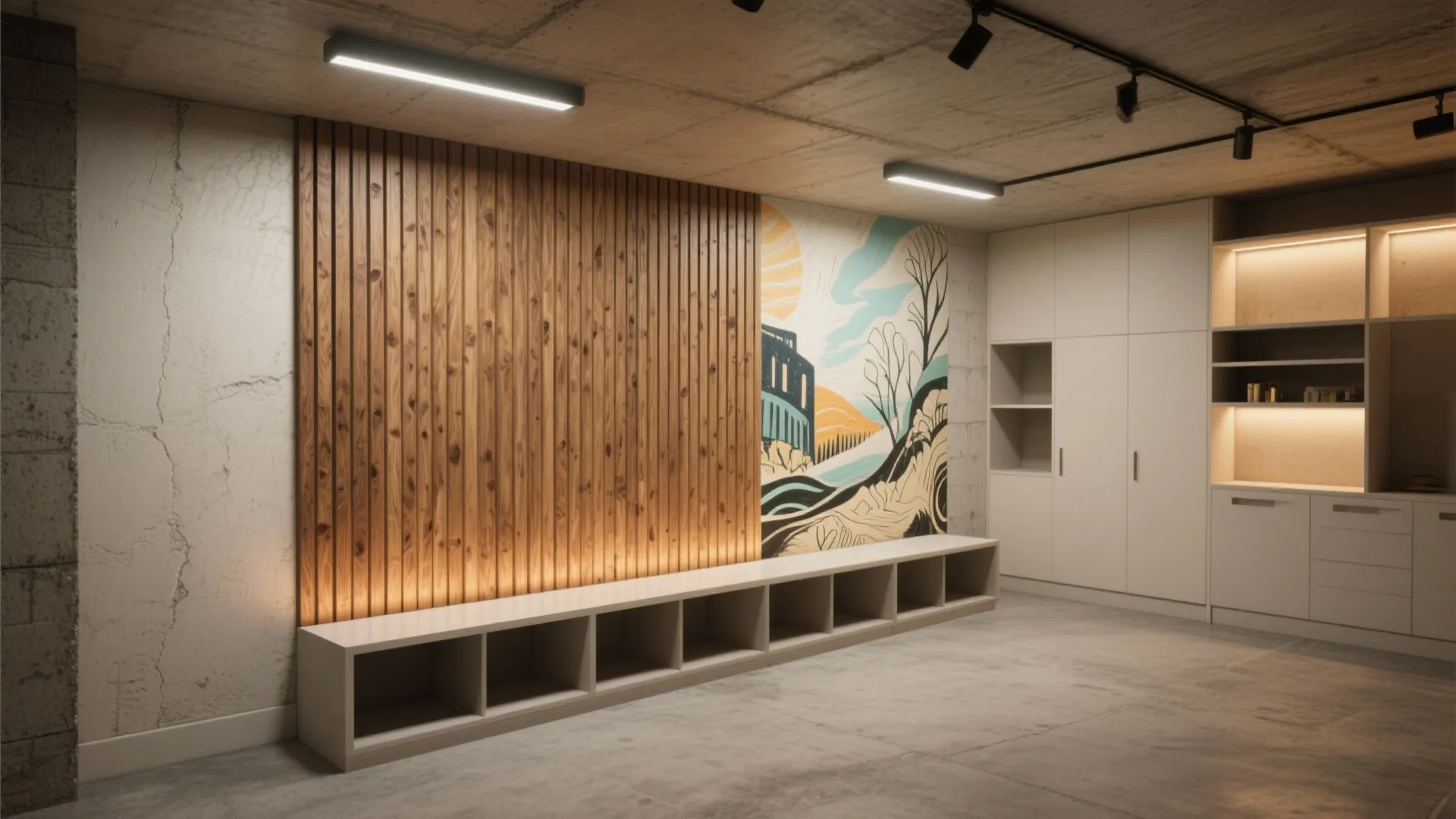 Modern room with wood wall panel colorful mural white cabinet concrete floor and ceiling light