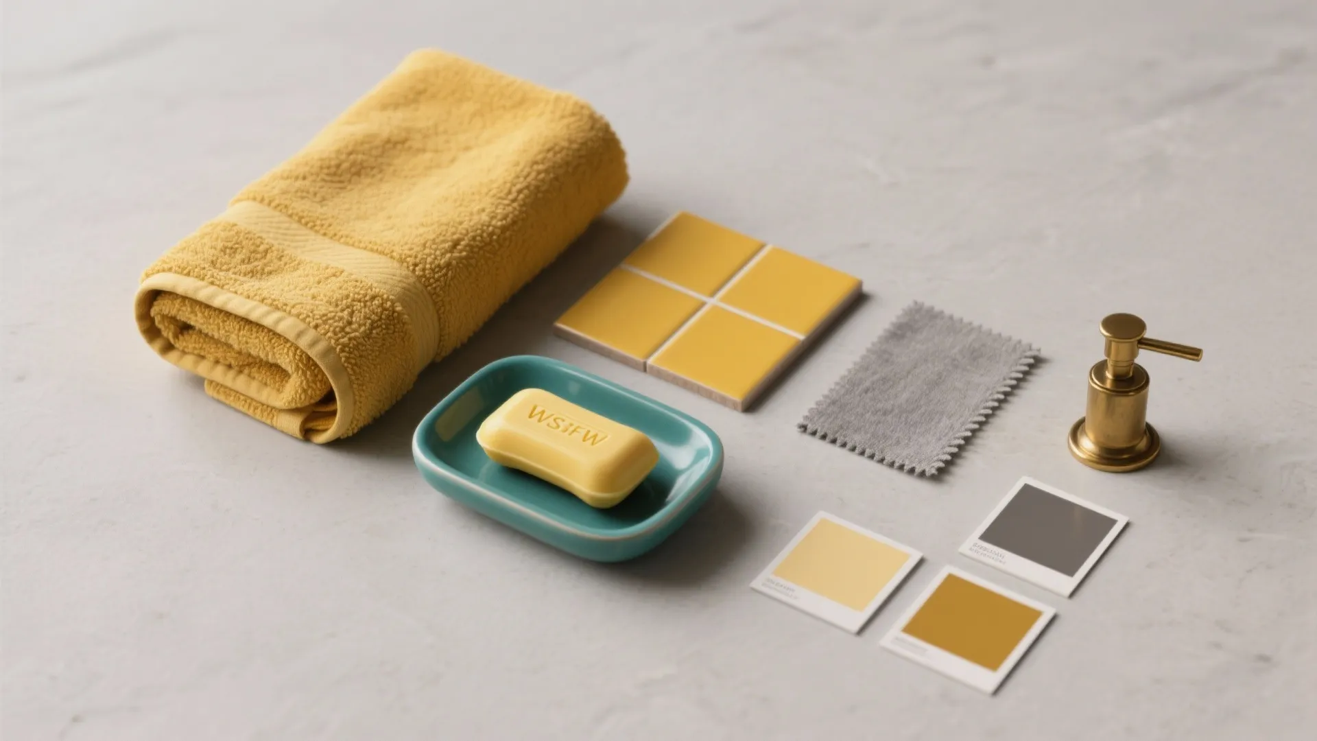Yellow towel with soap in blue dish plus tiles and fabric samples on grey background