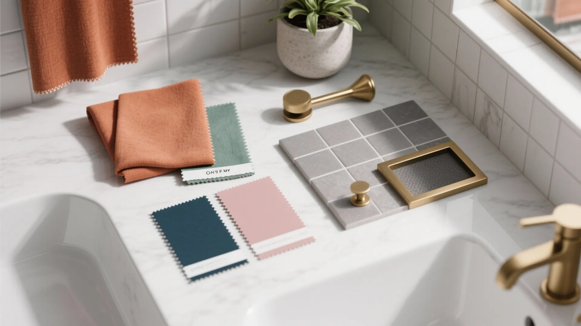 Material mood board with color fabric samples and gold hardware on a white marble counter