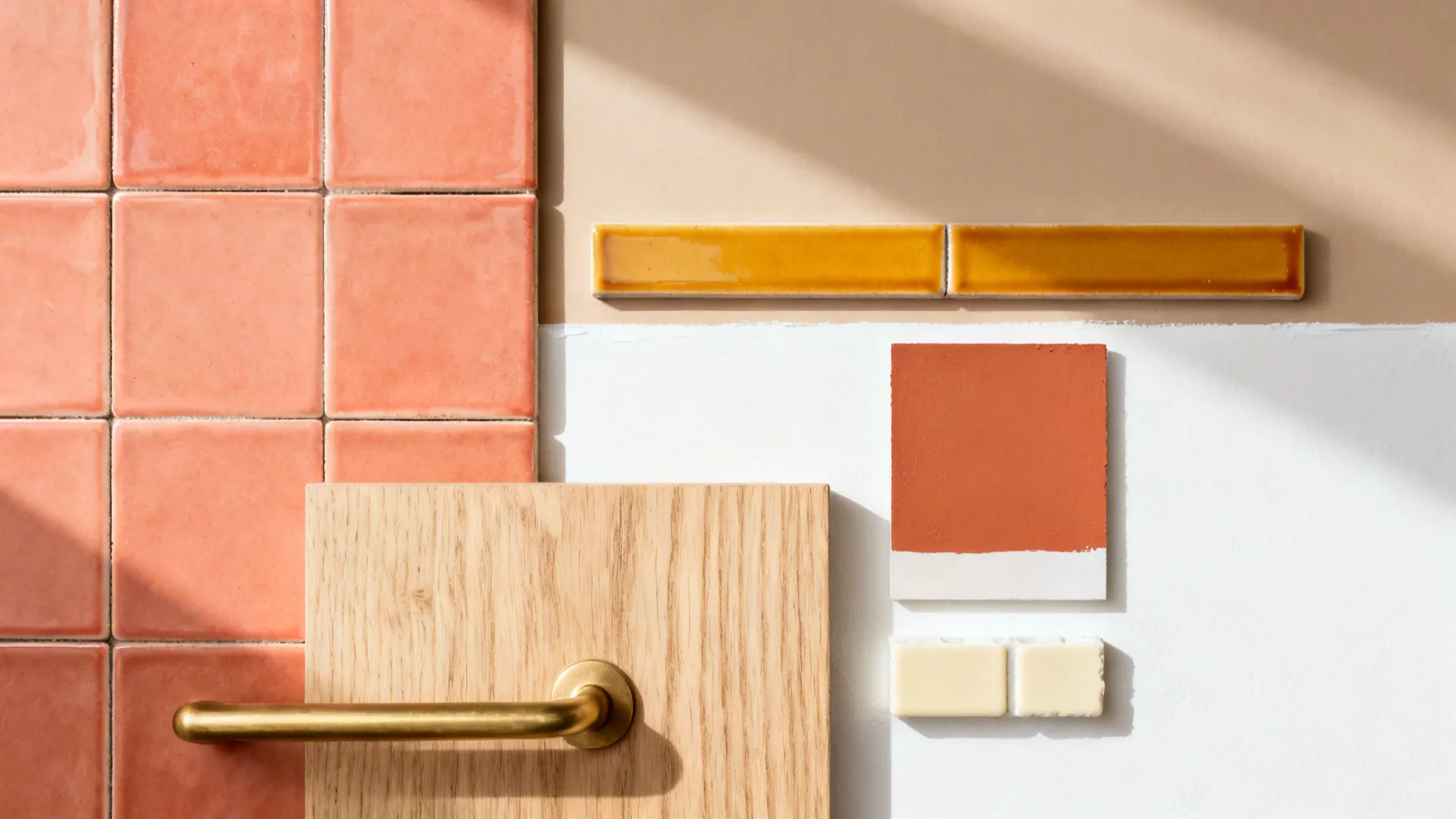 Flatlay of coral and saffron tiles, terracotta chip, warm white paint, oak veneer, and brass pull.