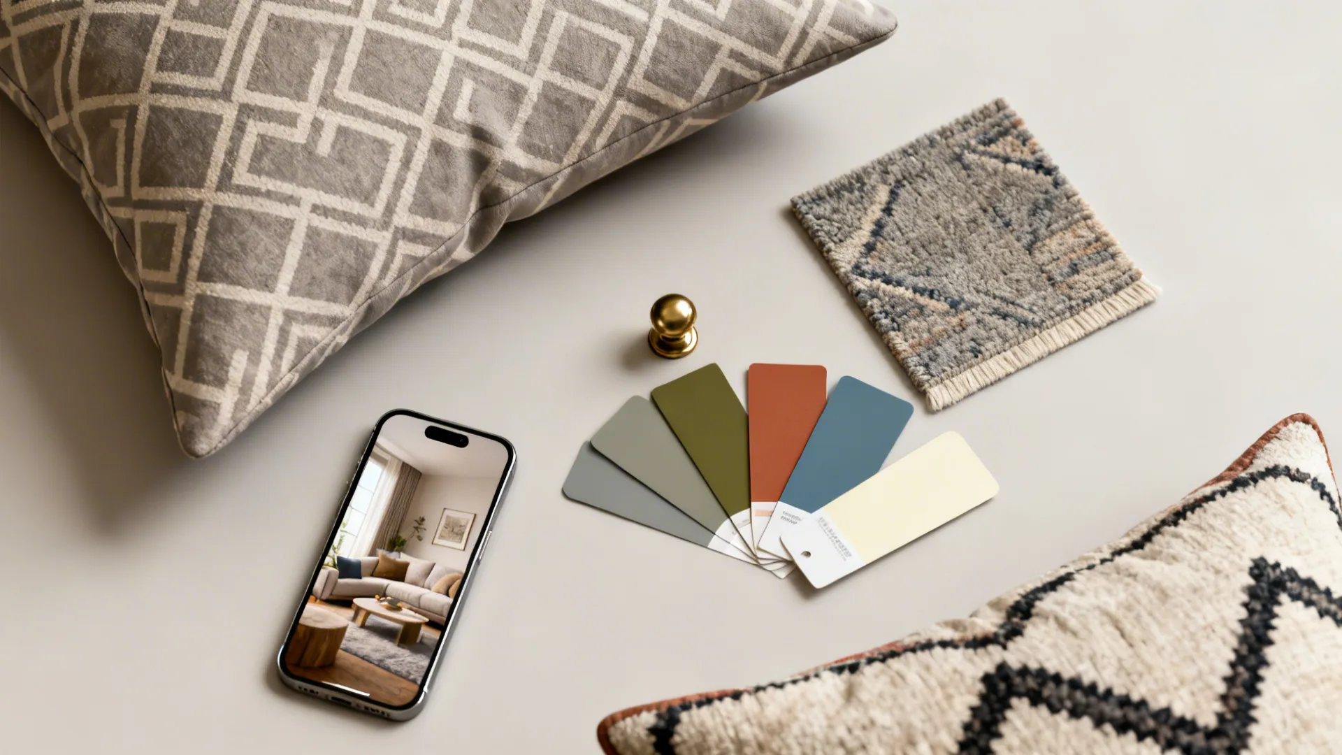 Top-down flatlay of cushions, paint swatches, rug sample and a phone with a room mockup