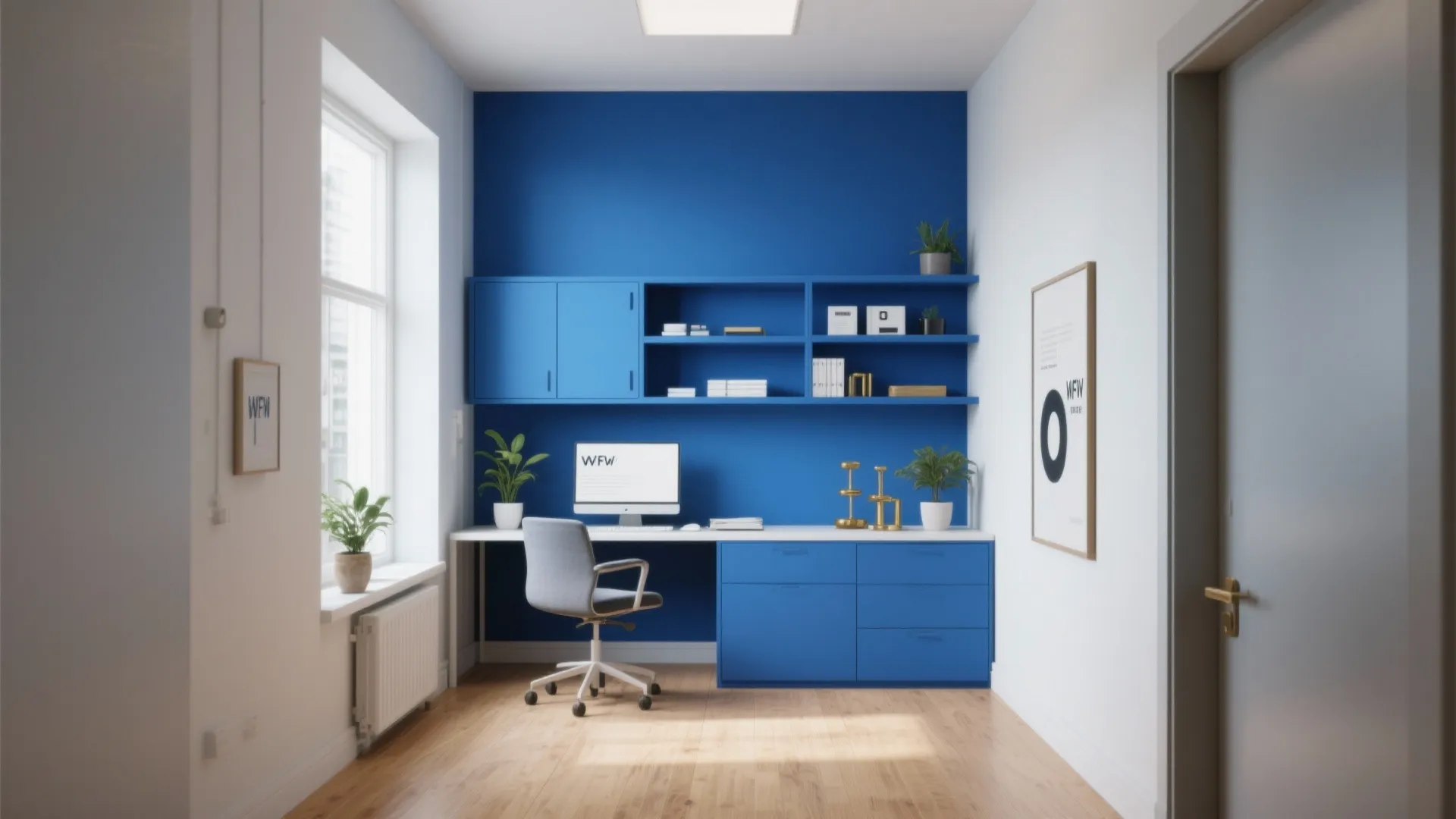 Home office featuring blue accent wall, blue cabinets, white desk, computer, and a grey chair