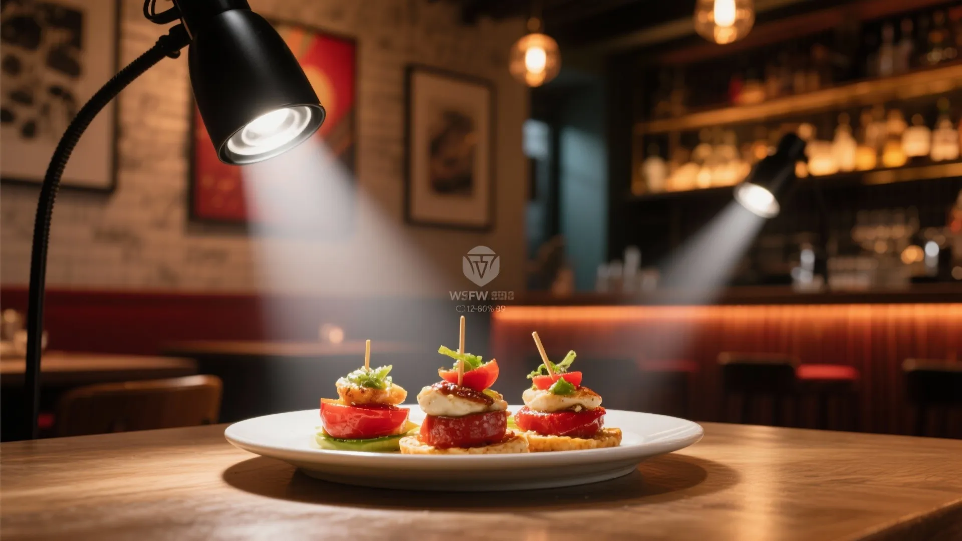 Macro view of tapas illuminated by narrow-beam accent lighting with high CRI and controlled glare.