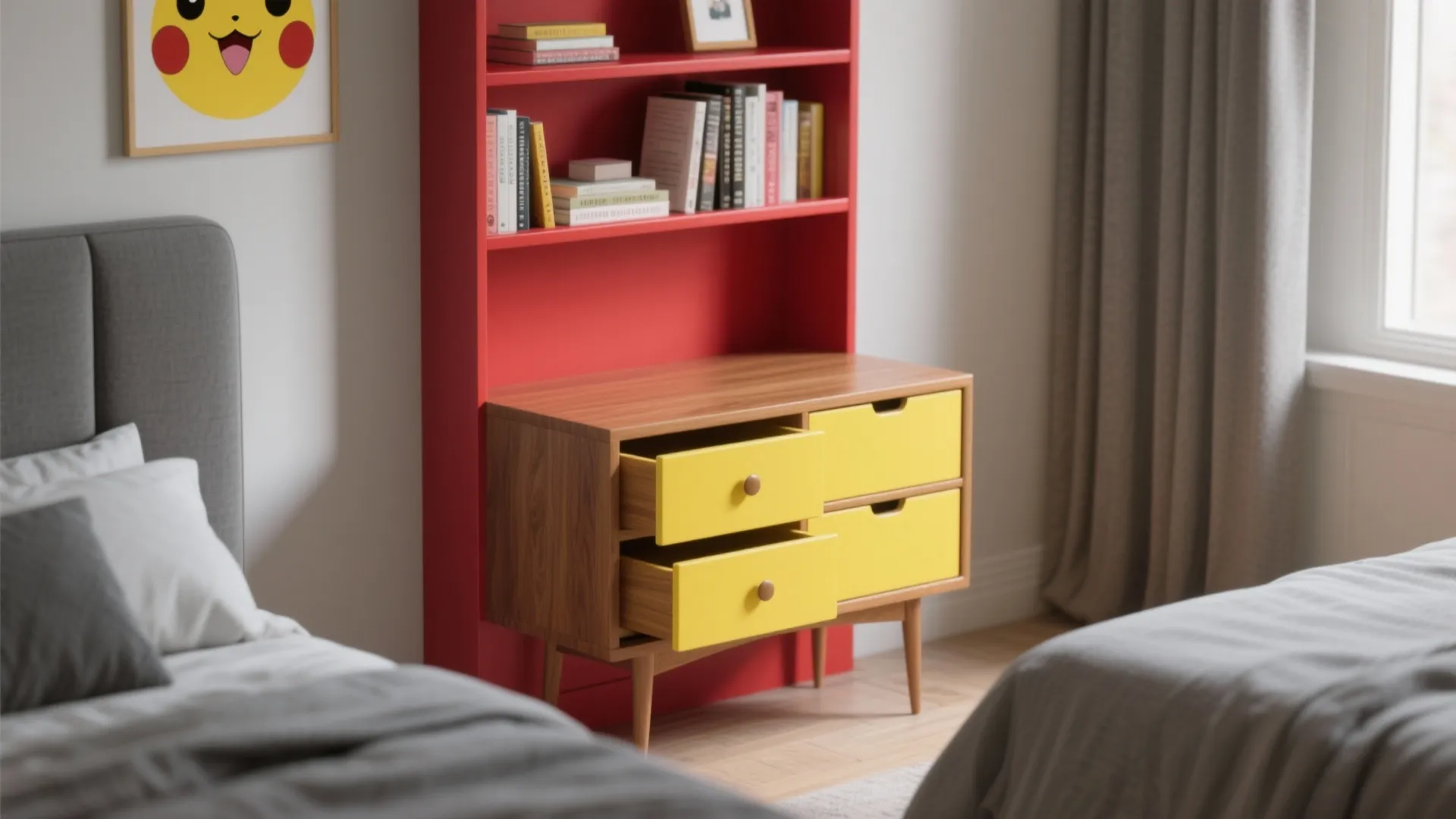 Close-up of accent dresser and bookshelf back painted in themed colors, showing paint texture and wood grain.