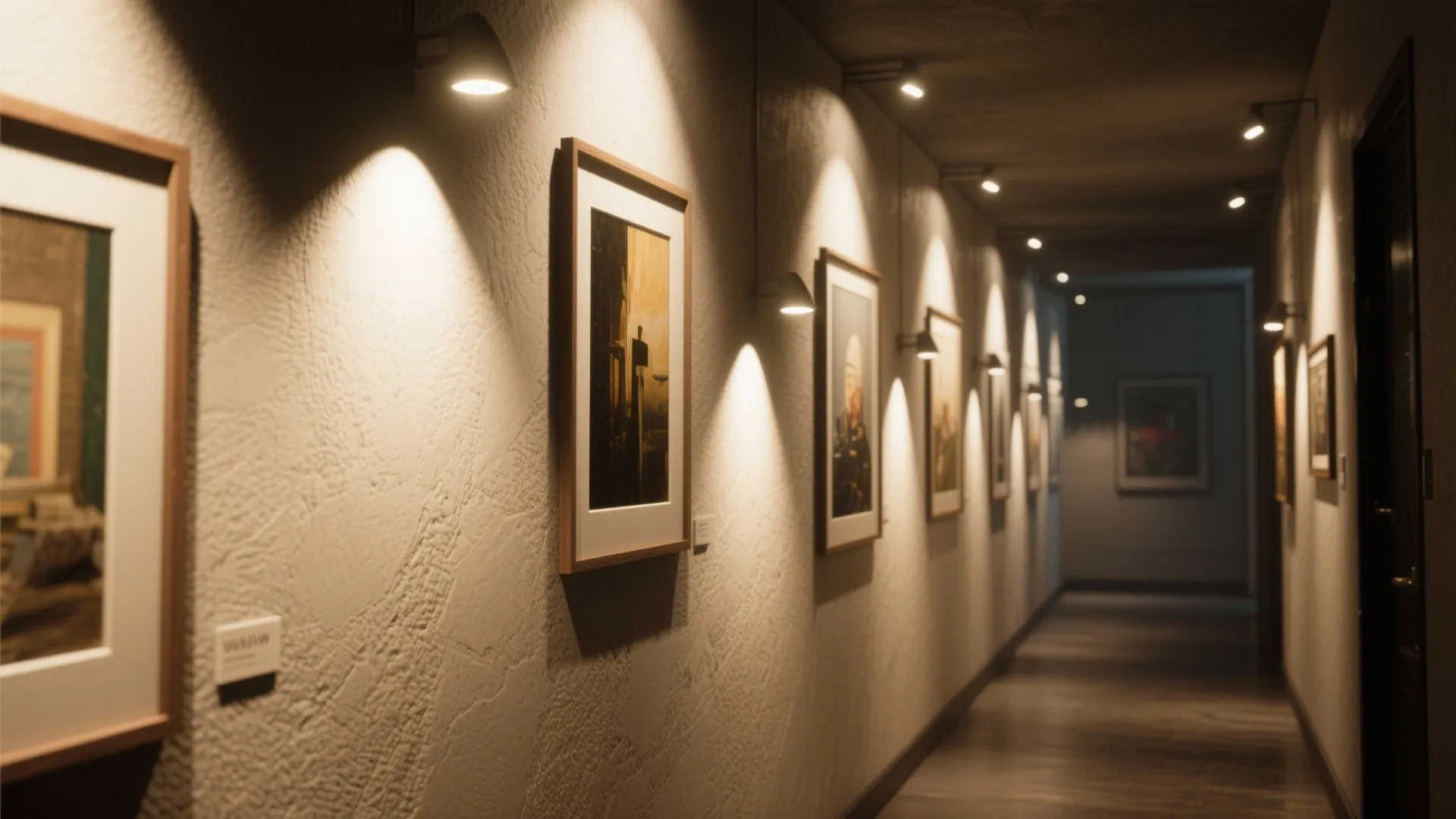Gallery wall lit by adjustable recessed accent lights creating focused washes on framed art
