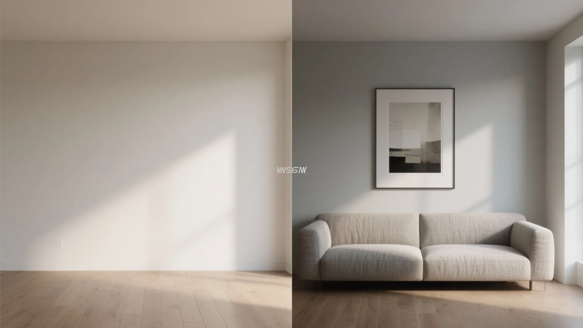 Before-and-after view: deeper gray accent wall adds depth and frames seating and artwork.