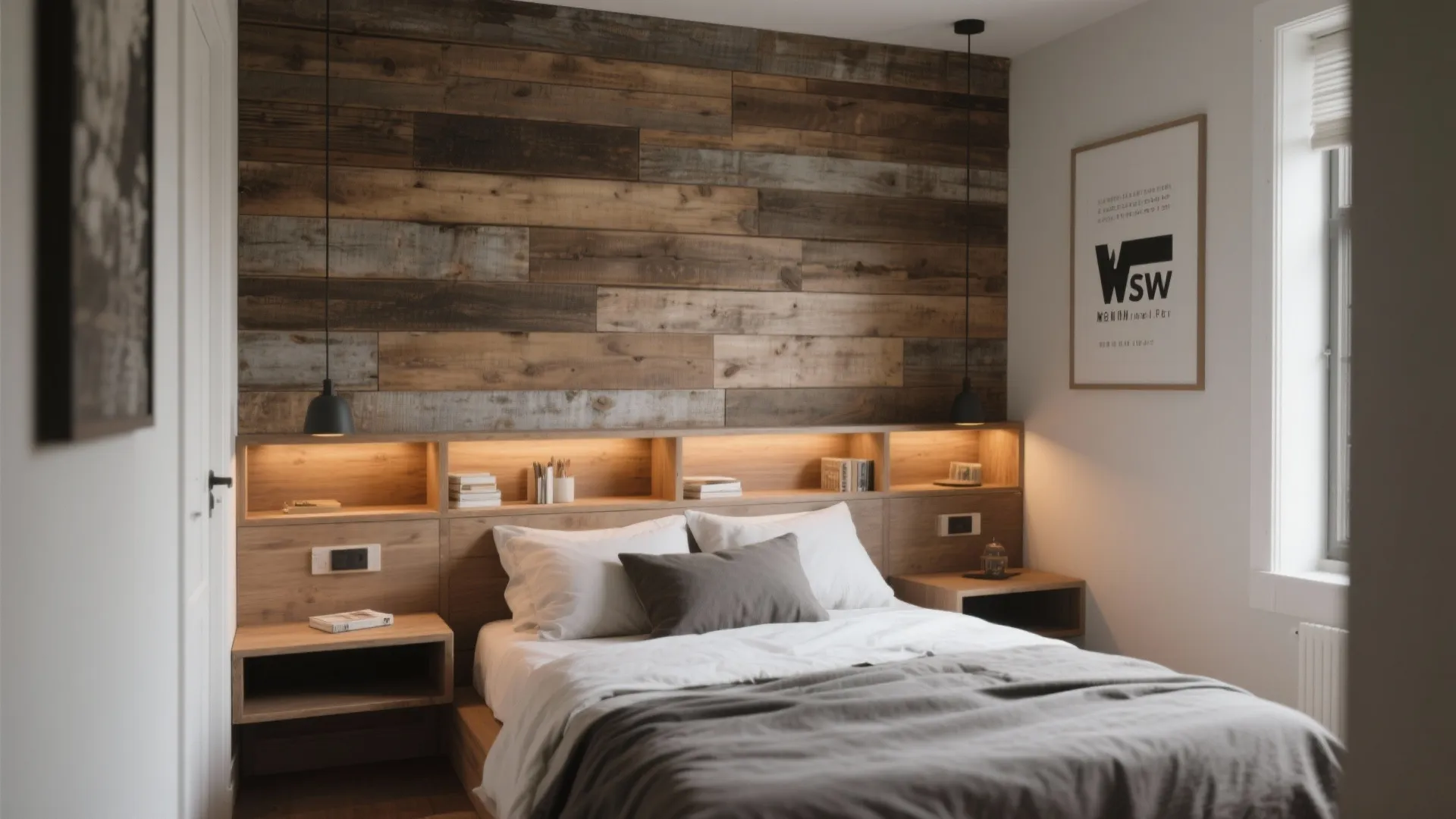 Modern bedroom with reclaimed wood wall panel light wood headboard storage and two small black lights