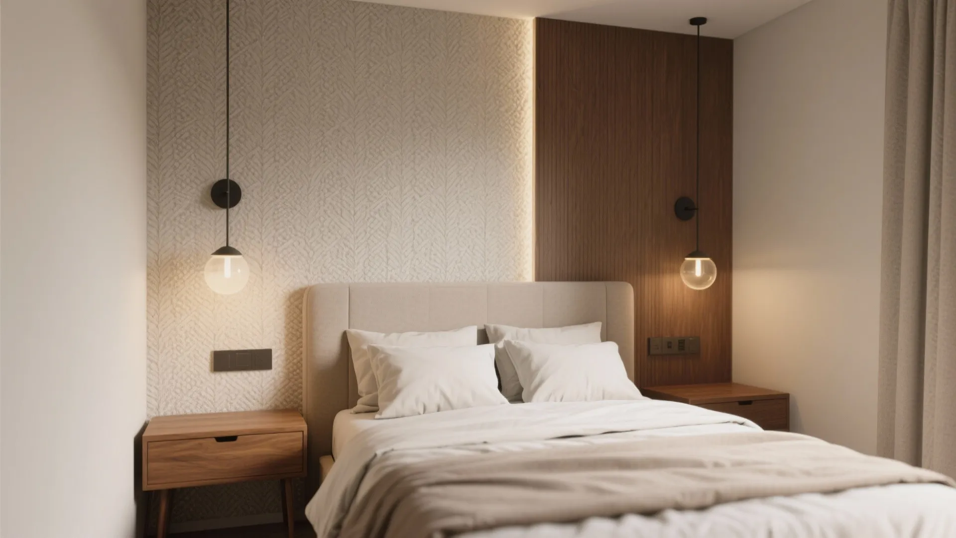Modern bedroom featuring a textured wall panel and wood panel behind bed with hanging lights
