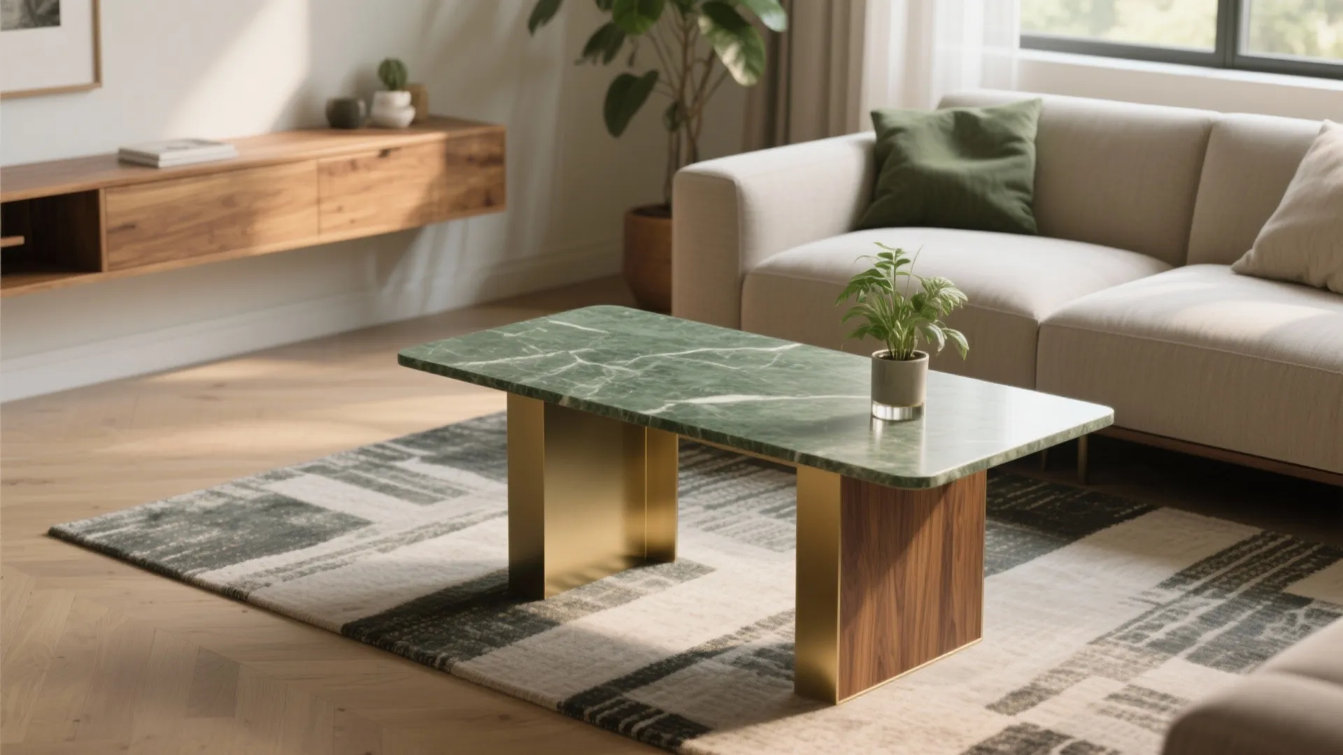Green marble coffee table with gold legs on patterned rug in modern living room sofa