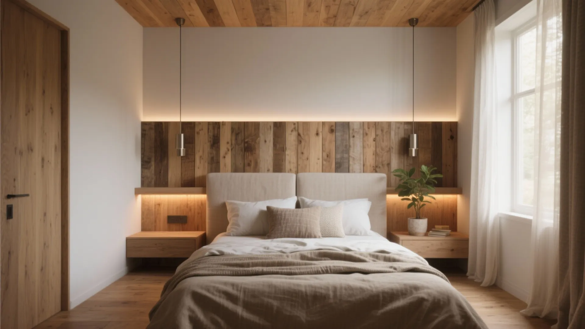 Modern bedroom with wooden wall panel ceiling light warm lighting white bedding and green plant