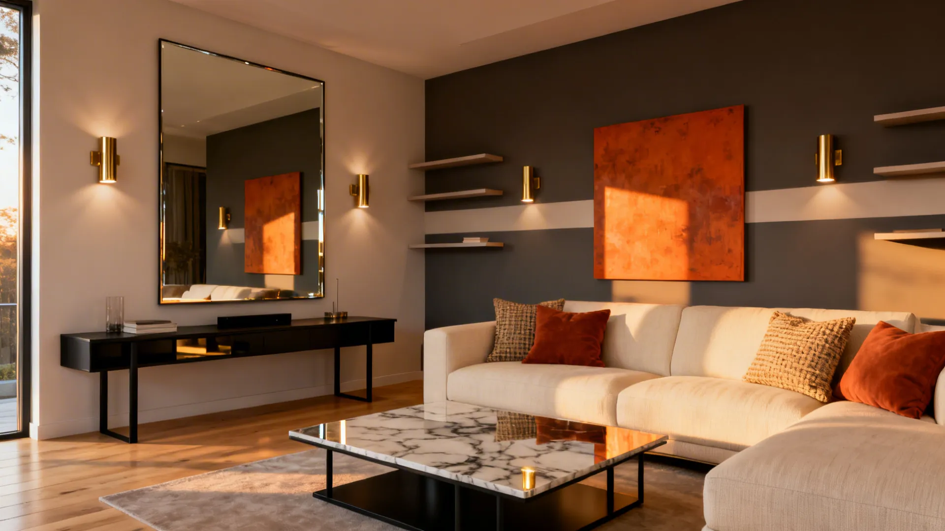 Living room with a darker accent wall featuring a horizontal stripe, mirrors and layered lighting.
