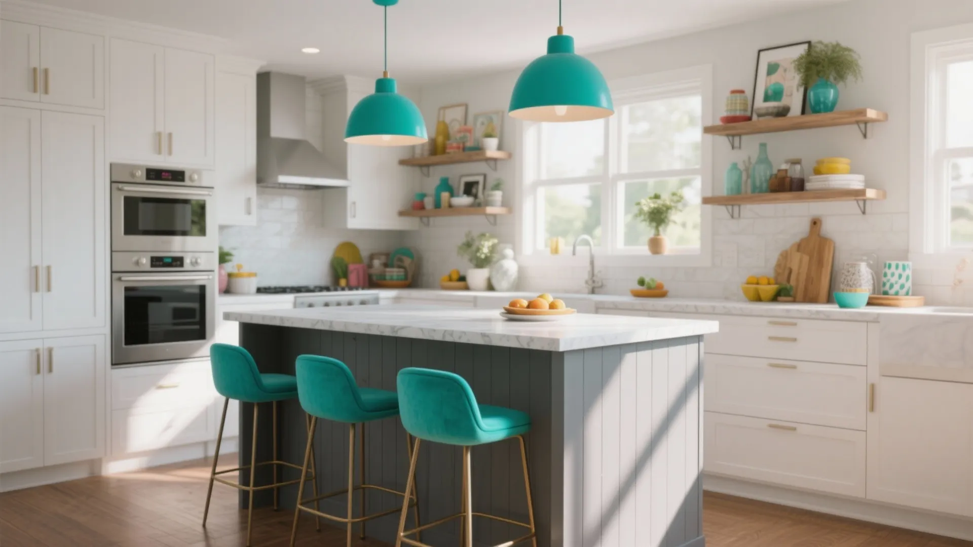 White cabinets and gray island accented by teal barstools and bold pendant light for a playful touch.