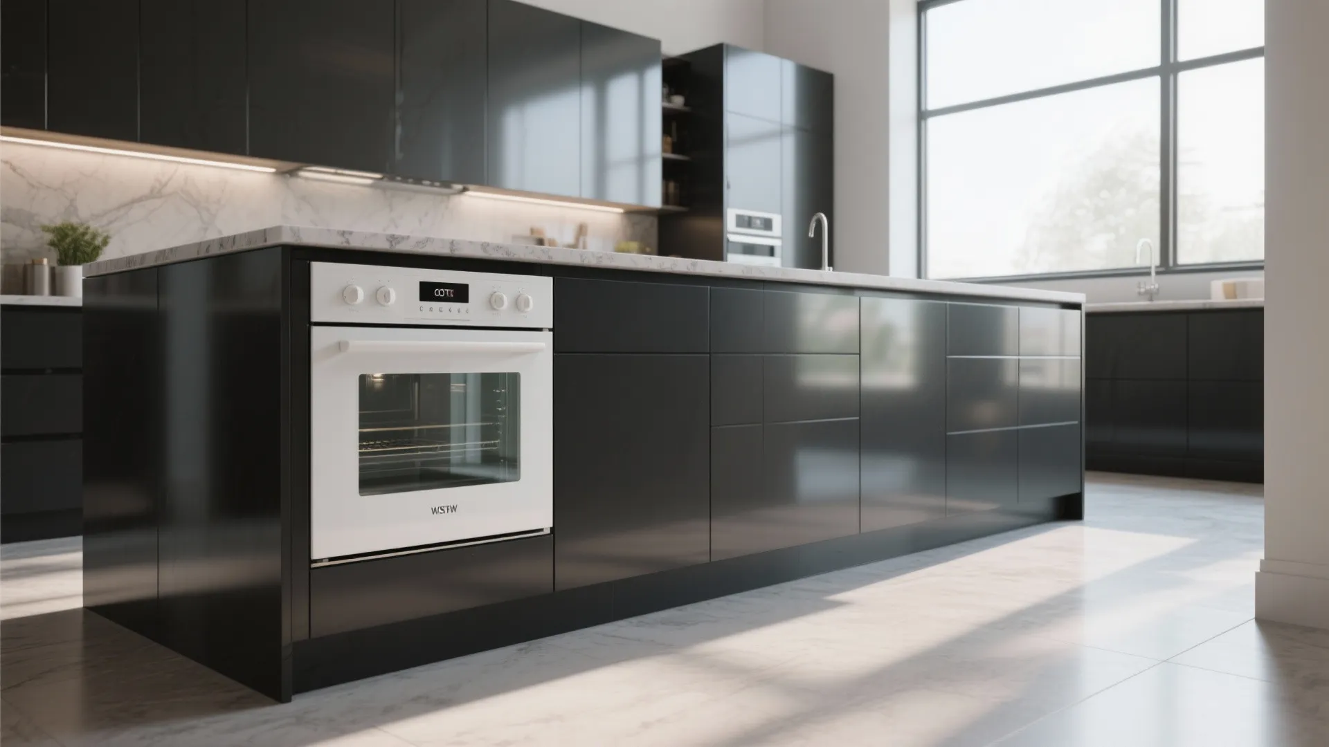 Sleek black kitchen island featuring a white built-in oven marble countertop and large bright windows