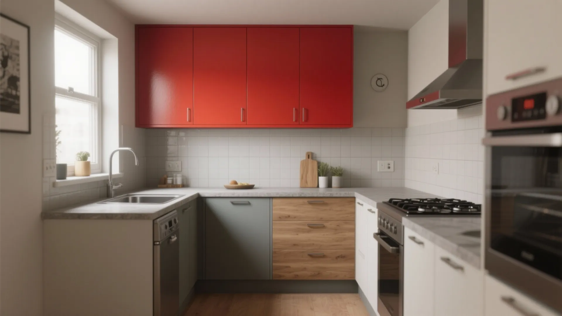 Modern kitchen featuring red upper cabinets white wall tiles wooden drawers and grey lower cabinet units