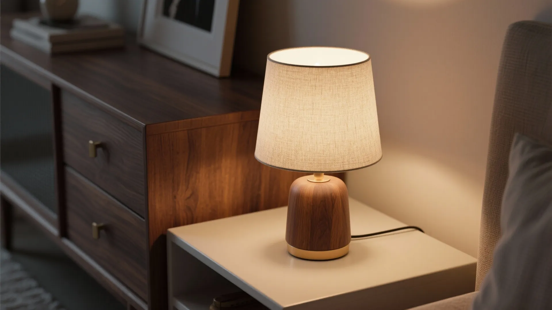 Small table lamp with wooden base and fabric shade sitting on a white bedside table next