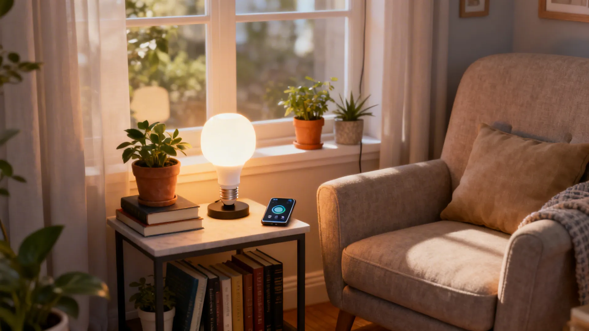Small accent lamp illuminating a cozy reading nook with plants and books.