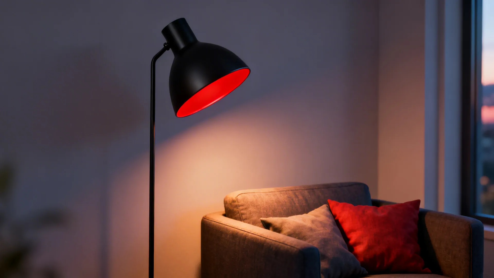 Matte black floor lamp with a red inner shade casting warm light by a sofa