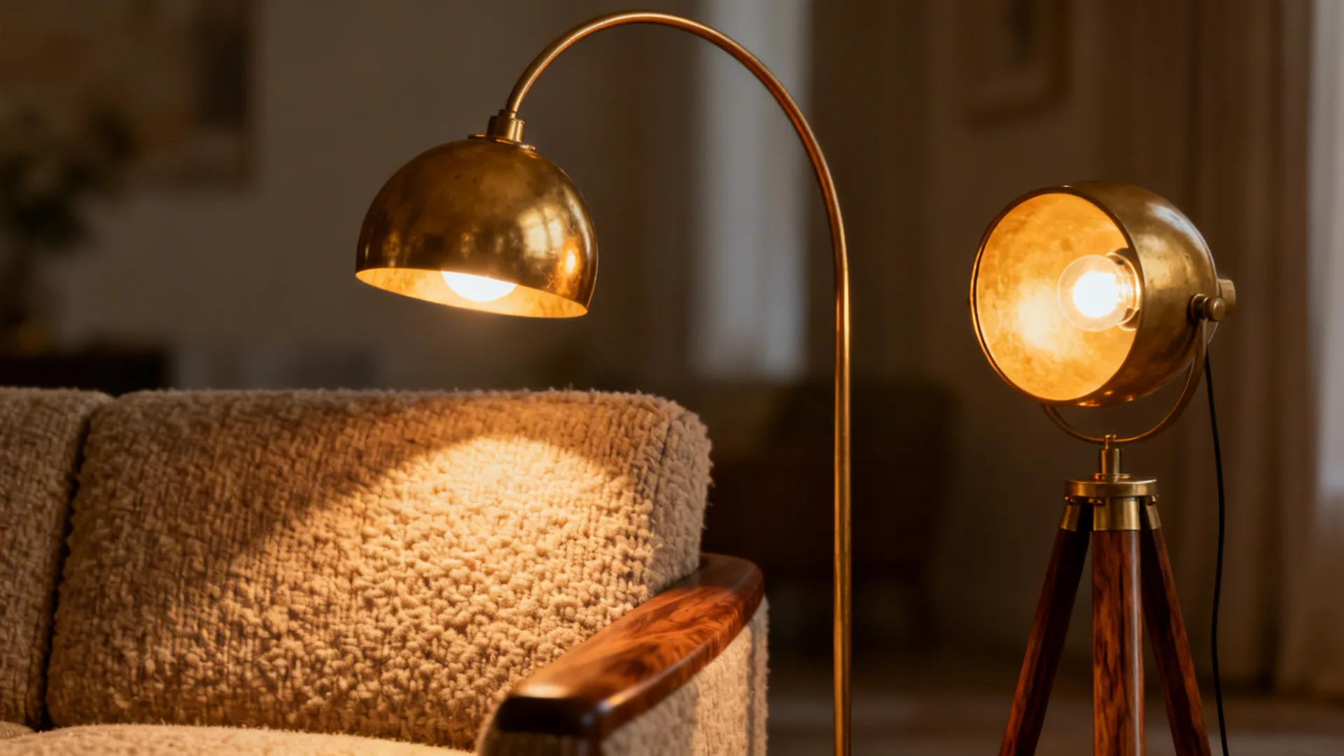 Arc and tripod floor lamps casting warm light on mid-century textures.