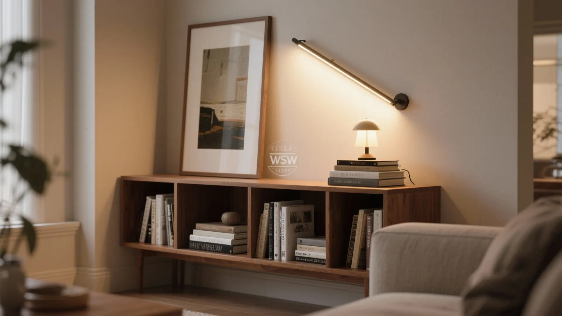 Living room vignette with a picture light over art, LED shelf strip, and a small accent lamp on books.