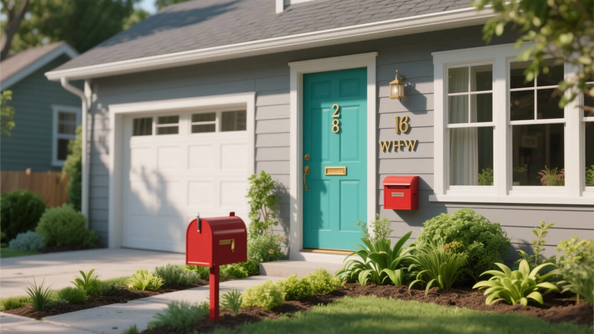 Modern house exterior with turquoise front door white garage door red mailbox and green garden
